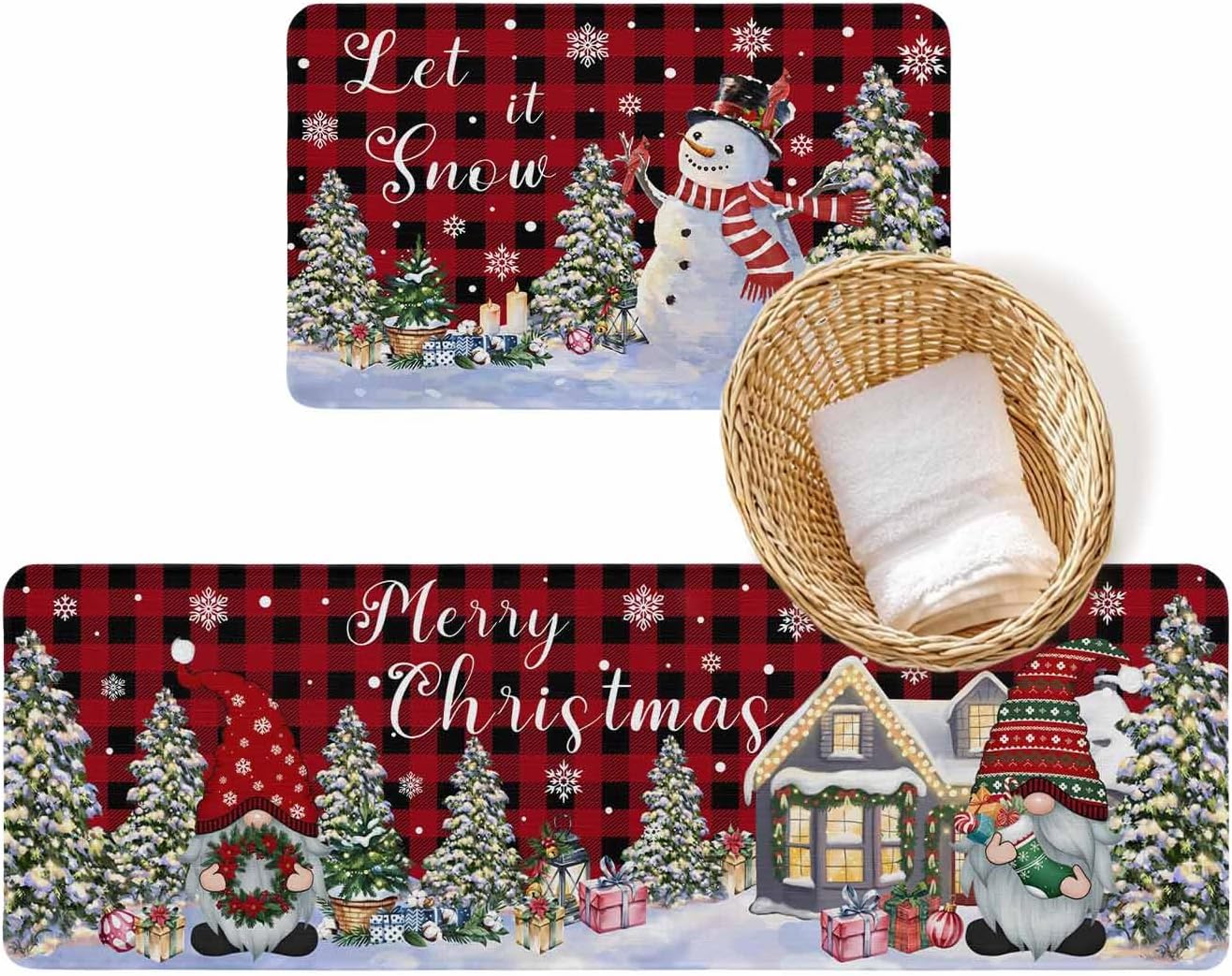 Christmas Kitchen Rugs and Mats 2 Pieces Snowman Runner Rug Sets Gnome Buffalo Plaid Merry Christmas Tree Kitchen Mats for Floor Non Slip Area Rugs Carpet Absorbent Doormat Holiday Home Decor Gifts