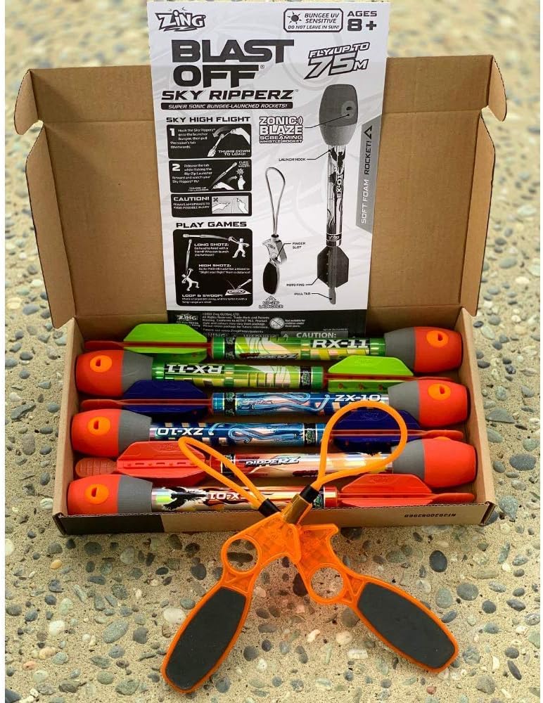 Zing Sky Ripperz - Pack of 6 Rockets and 2 Launchers - Toy Bungee Rocket Launcher - Outdoor Toy for Kids