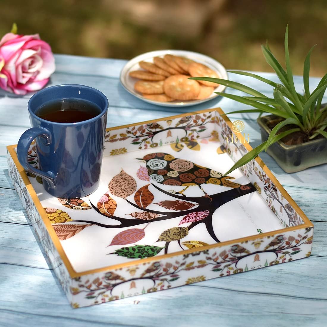 DULI Enamel Coated Multipurpose Tray in MDF | Serving Tray for Home & Dining Table | Multipurpose Tray | Water & Heat Resistant Durable (Birds) Square,Engineered Wood,,Birds