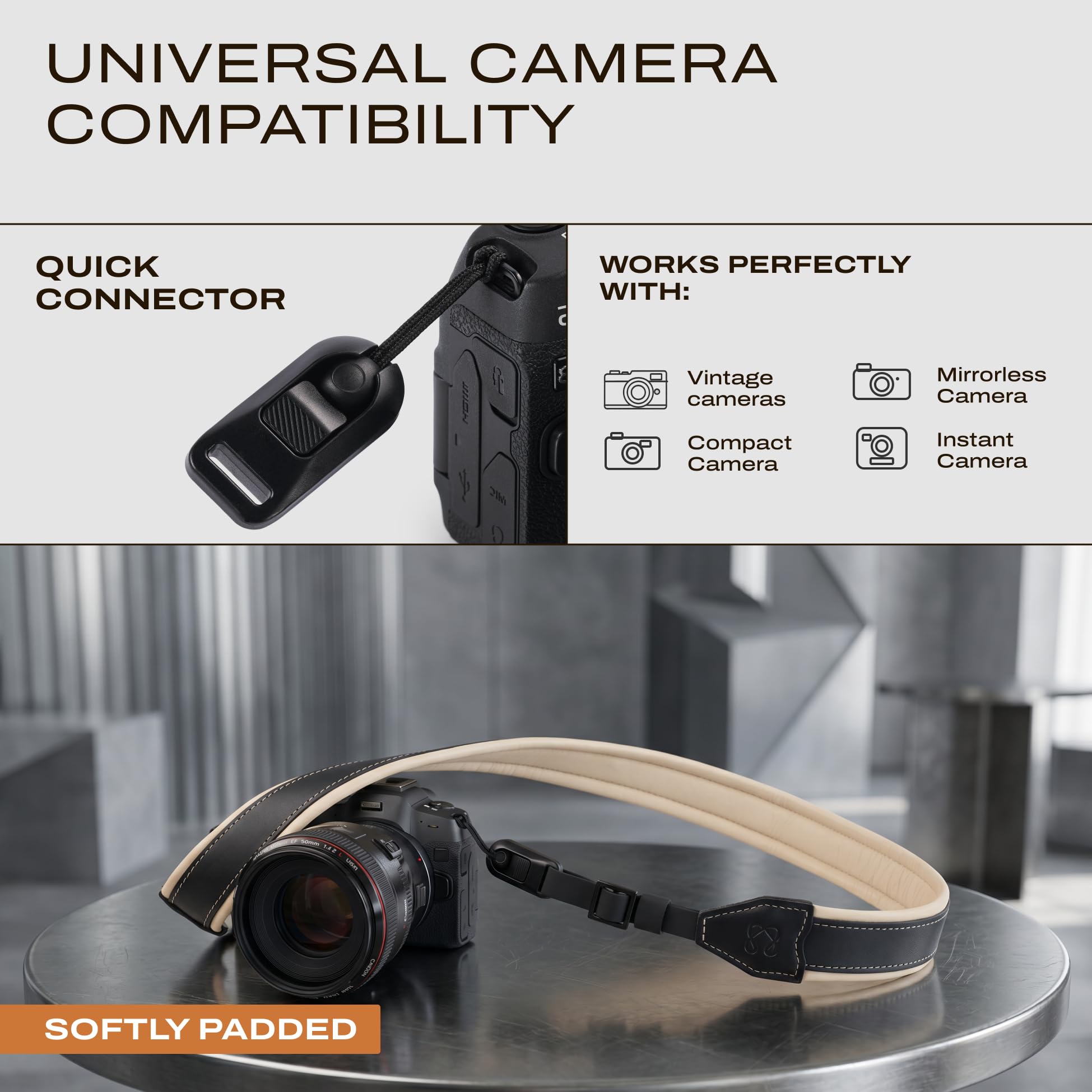 C Coiro Tracolla per fotocamera in pelle imbottita con sgancio rapido, configurabile come tracolla, tracolla regolabile per fotocamera DSLR SLR per fotografi, nero