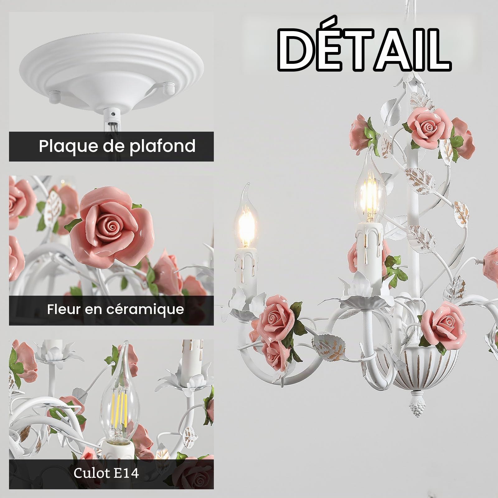 Lustre Blanc Vintage,Lustre Salon En MéTal Avec Rose En CéRamique Fleurs,Suspension Luminaire à Bougies E14 FrançAise Pour Chambre Salon Salle à Manger Cuisine,3 LumièRes