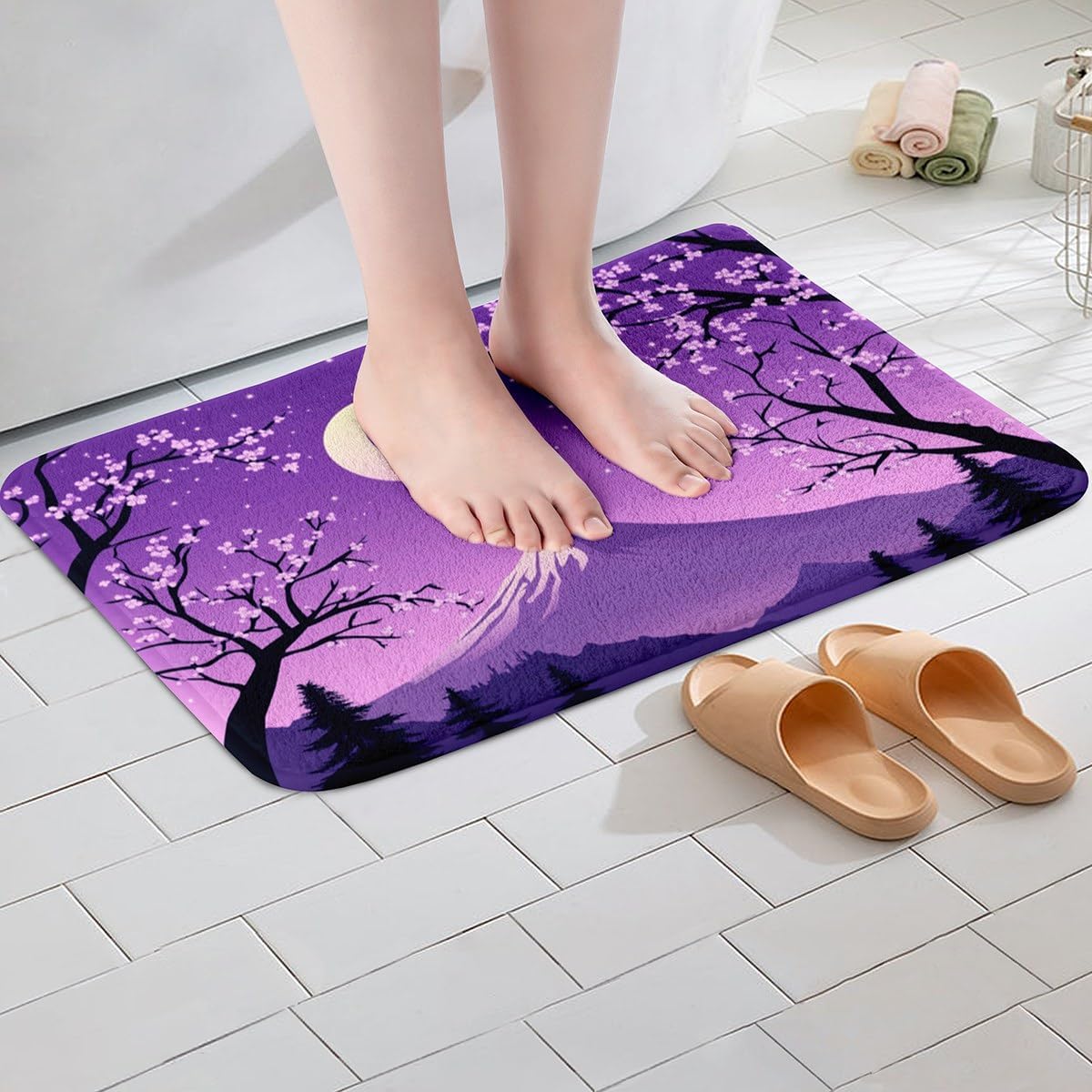 jejeloiu Japanese Purple Bathroom Rugs 20"x32" Kids Mount Fuji Bath Mats for Boys Girls Cherry Blossom Bathroom Accessories,Microfiber image 2