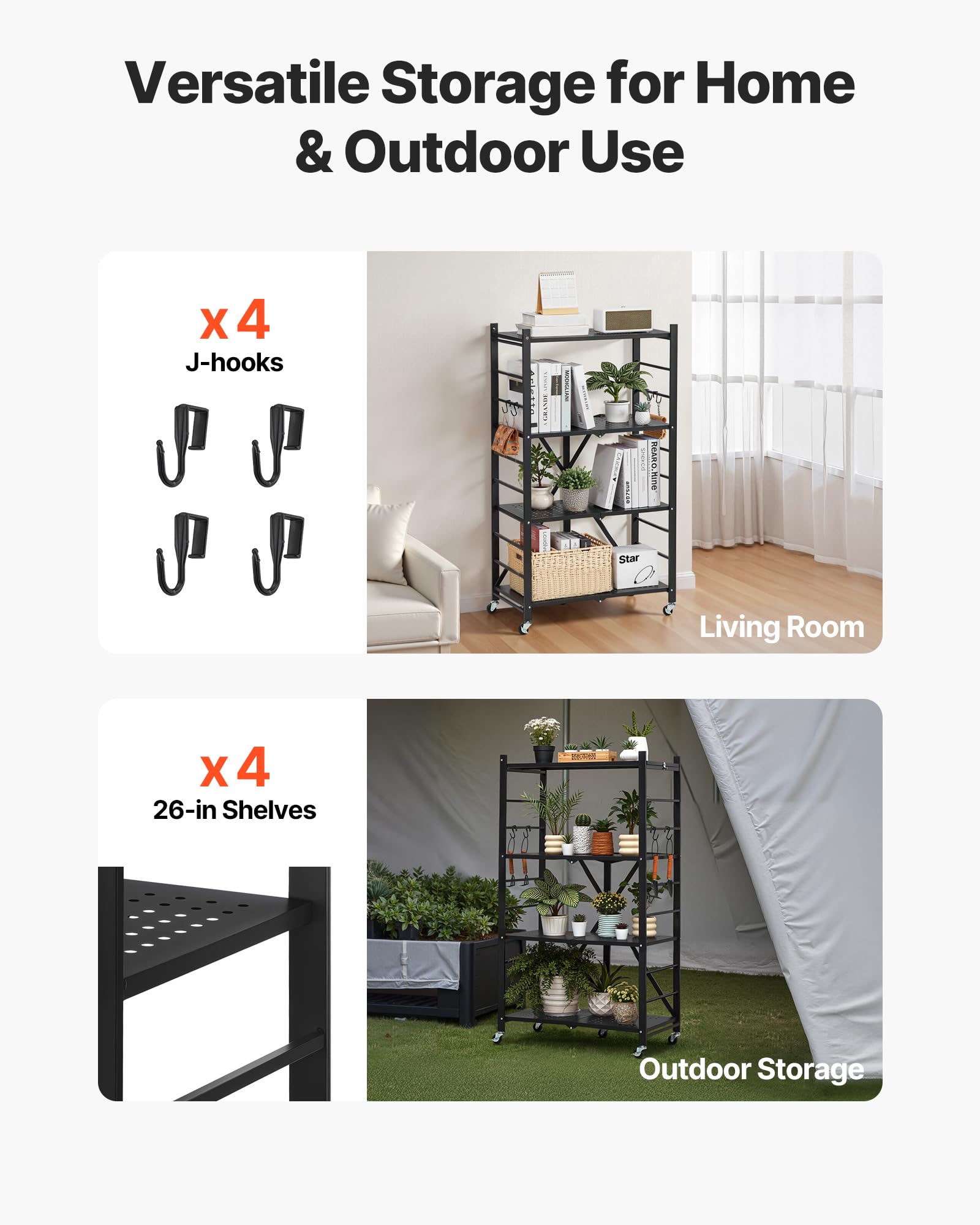 VEVOR Estante de Almacenamiento Plegable de 4 Niveles con Ruedas 66 x 33 x 117 cm Estantería Metálica Móvil Resistente, sin Necesidad de Ensamblaje, Organizador para Garaje, Cocina, Sótano, Negro