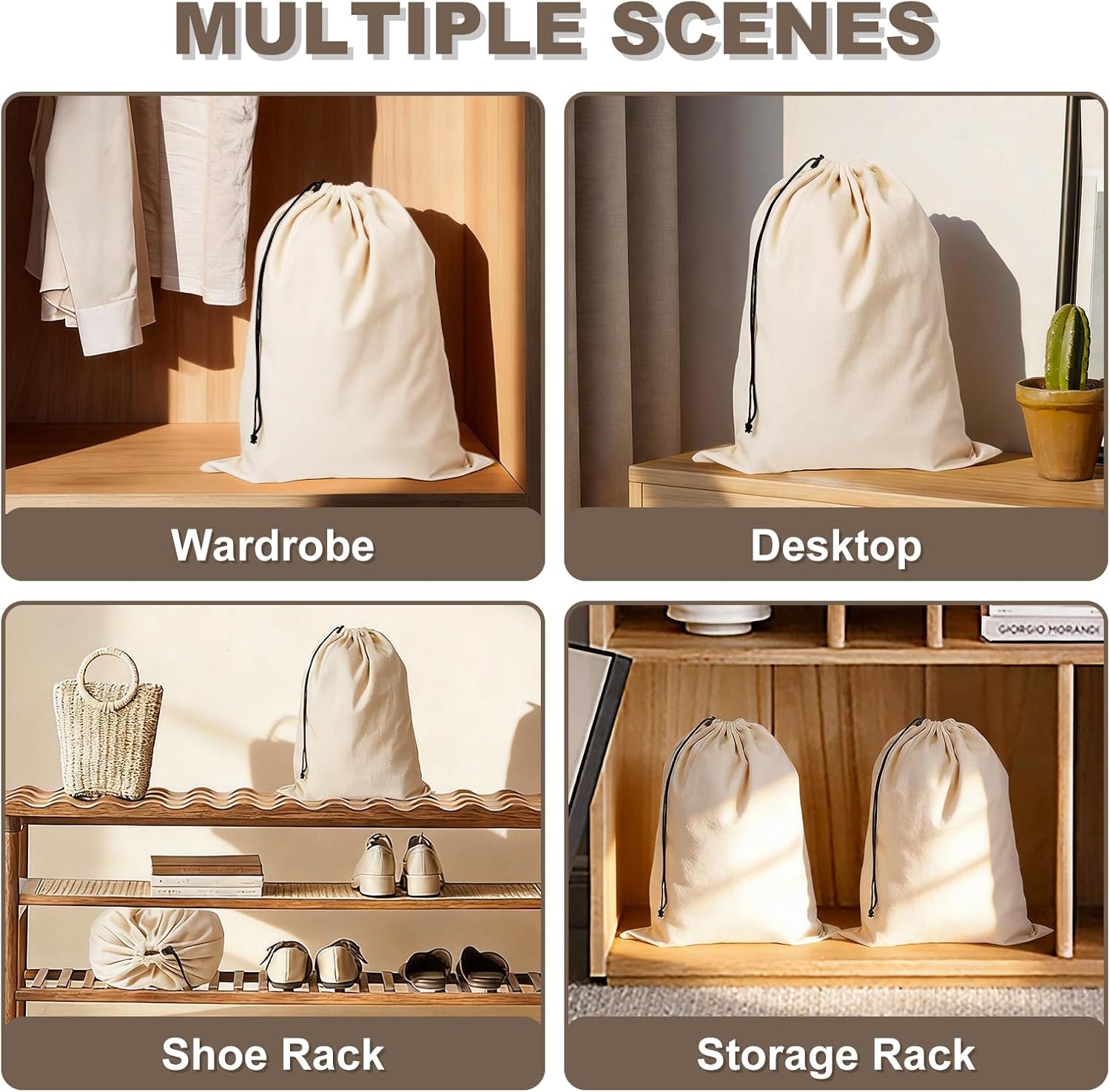 5 Pack Shoe Bags for Travel, Washable Dust Bags for Storage & Packing 17.7" x 13.8" Dustproof Flannel with Drawstring Closure for Boots Handbags Shoes & Toys (Beige)