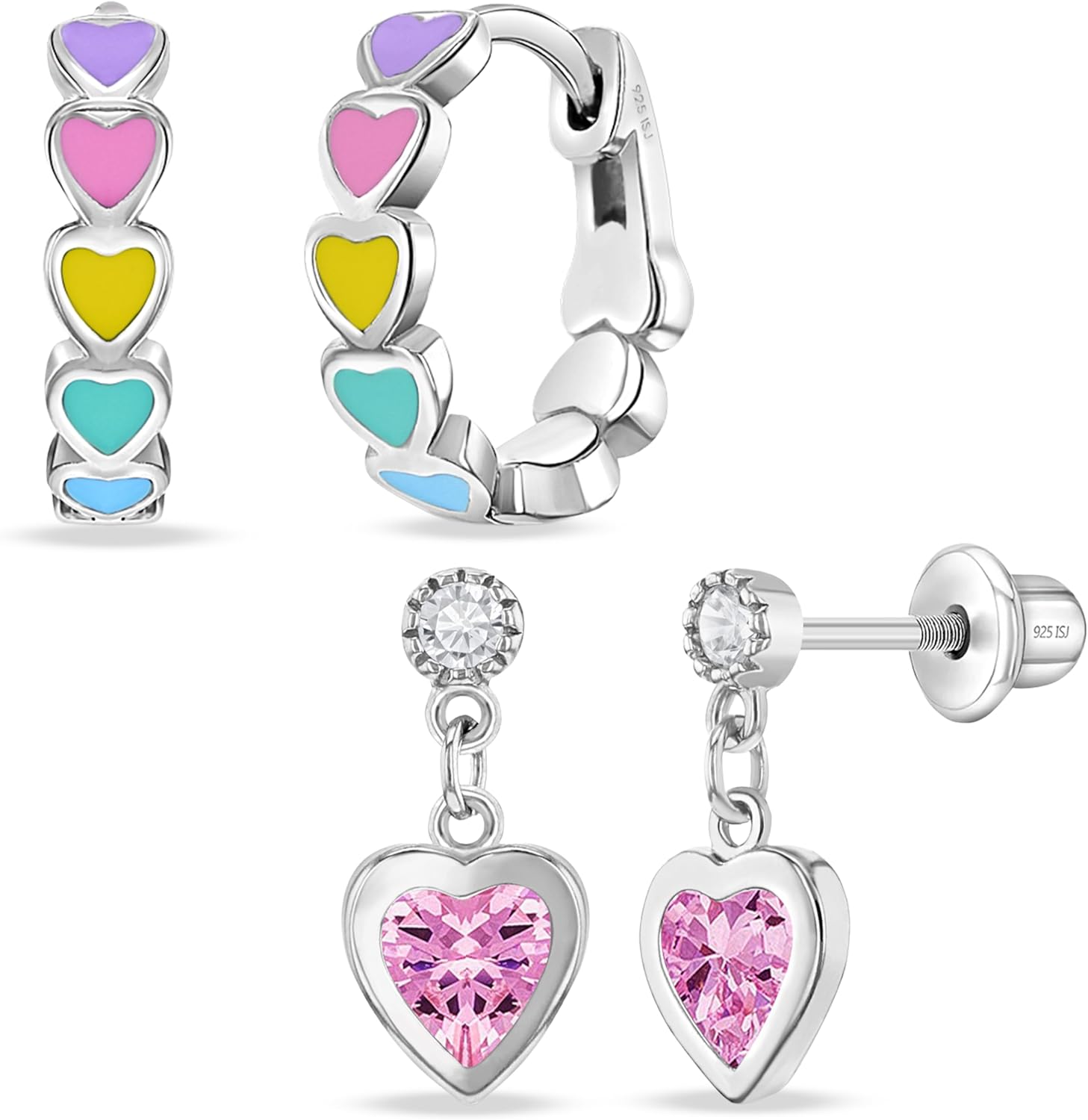 In Season Jewelry Heart Enamel Huggie Girls Hoop Earrings for Kids – 925 Sterling Silver Dangle Heart Kids Earrings – Hypoallergenic with Secure Latch Closure – Safe for Toddlers & Little Girls