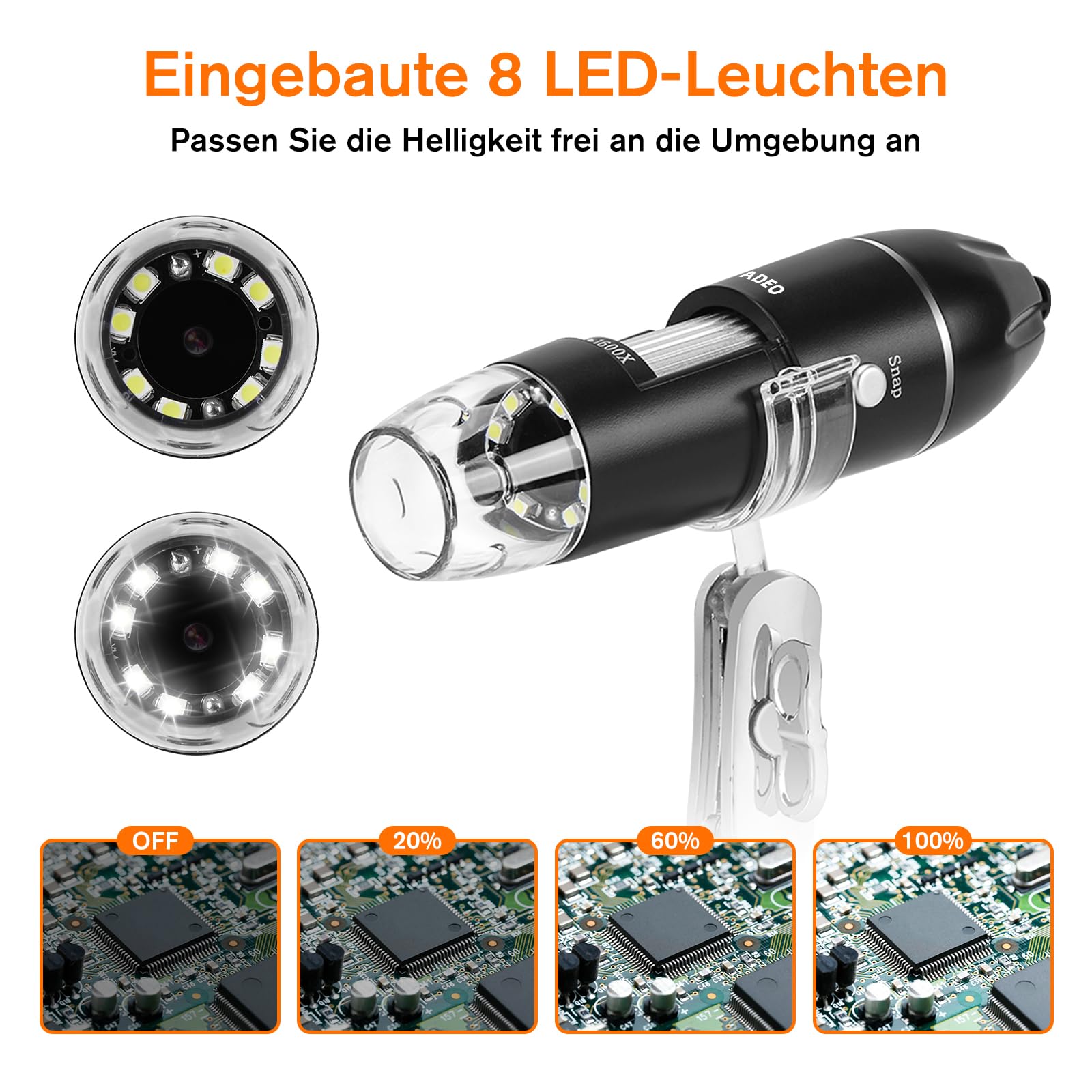 WADEO Digital Mikroskop, USB Mikroskop 1440P HD mit 50X-1600X Vergrößerung, Tragbare Inspektionskamera WiFi-frei, Kabeliges Handmikroskop mit 8 LED und Ständer, iOS, Android und Tablets kompatibel