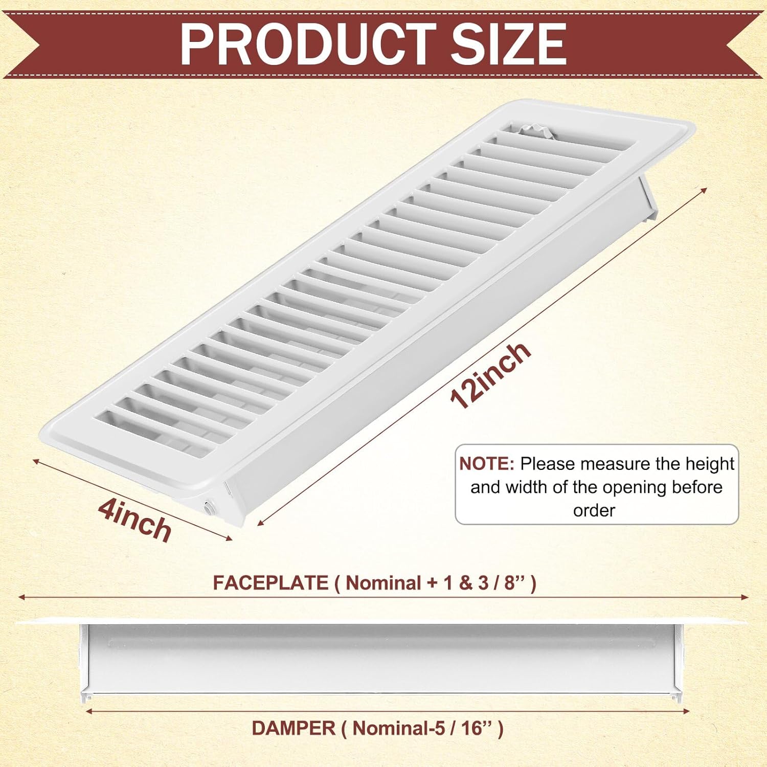 Retisee 6 Pcs 4" x 12" Floor Register Vent Covers Heavy Duty Steel Walkable Floor Vents with Adjustable Airflow Curved Safe Edges and Rust Proof Finish for Homefloor Sidewall (White) White 6