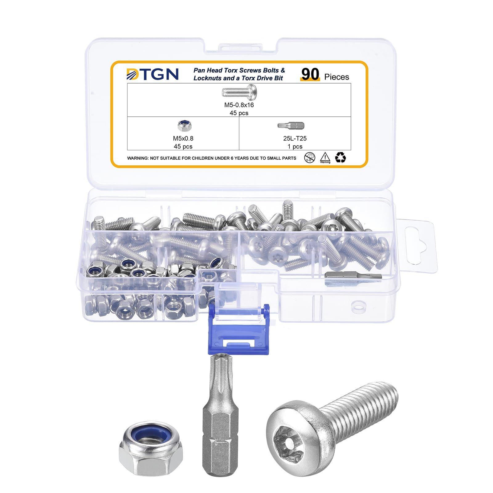 DTGN M5x16mm Pan Head Torx Security Screws - 90Pack - Good for Machinery - 304 Stainless Steel Tamper Proof Fasteners & Locknuts and a Torx Drive Bit - Silver Tone