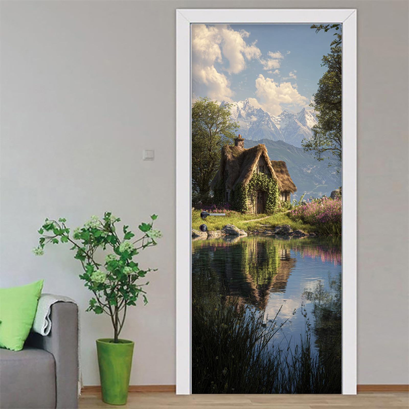 Stickers porte paysage vert amovible pour masquer un placard sans laisser de traces
