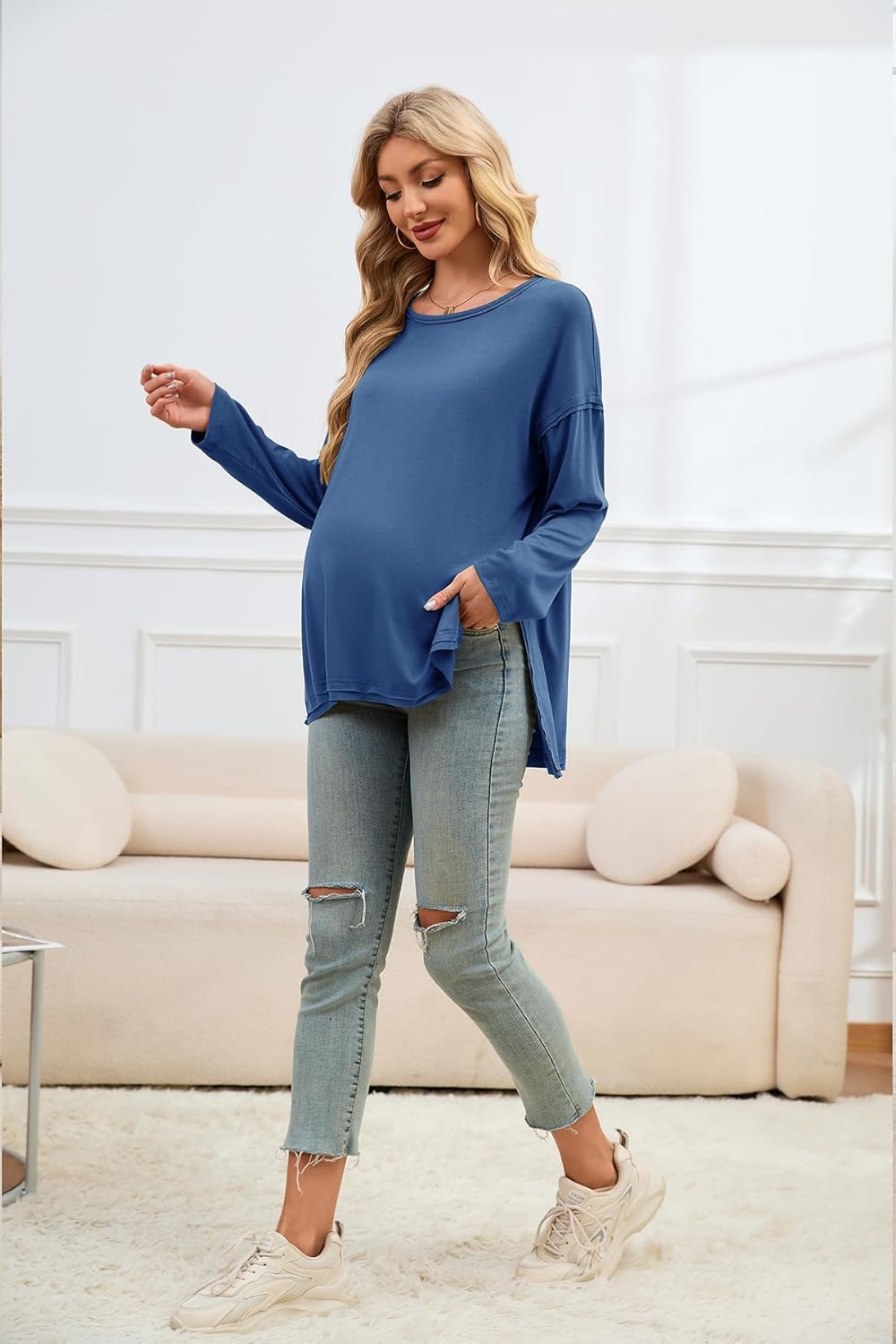Smallshow Women's Long Sleeve Maternity Shirts Loose Tunic Pregnancy Tops - Image 2