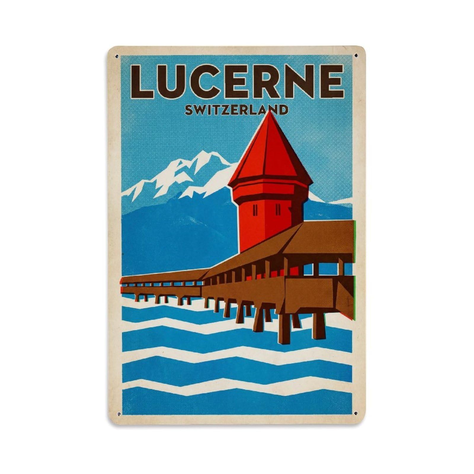 Retro Switzerland Lucerne Travel Metal Tin Sign Plaque Wall Decor for Cafe, Club Bar, Office, Garden Metal Poster 8x12Inch