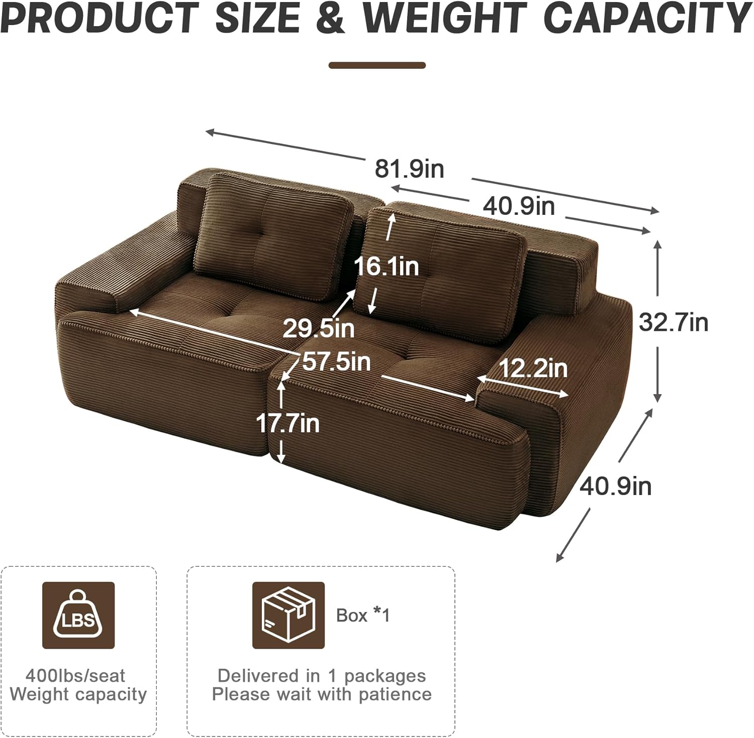 81.8” Modern Cloud Loveseat Sofa, Comfy 2-Seater Boneless Couch for Bedroom, Small Modular Sectional Sofa with Deep Seat, Corduroy Upholstered Couches for Living Room, Apartment, Brown