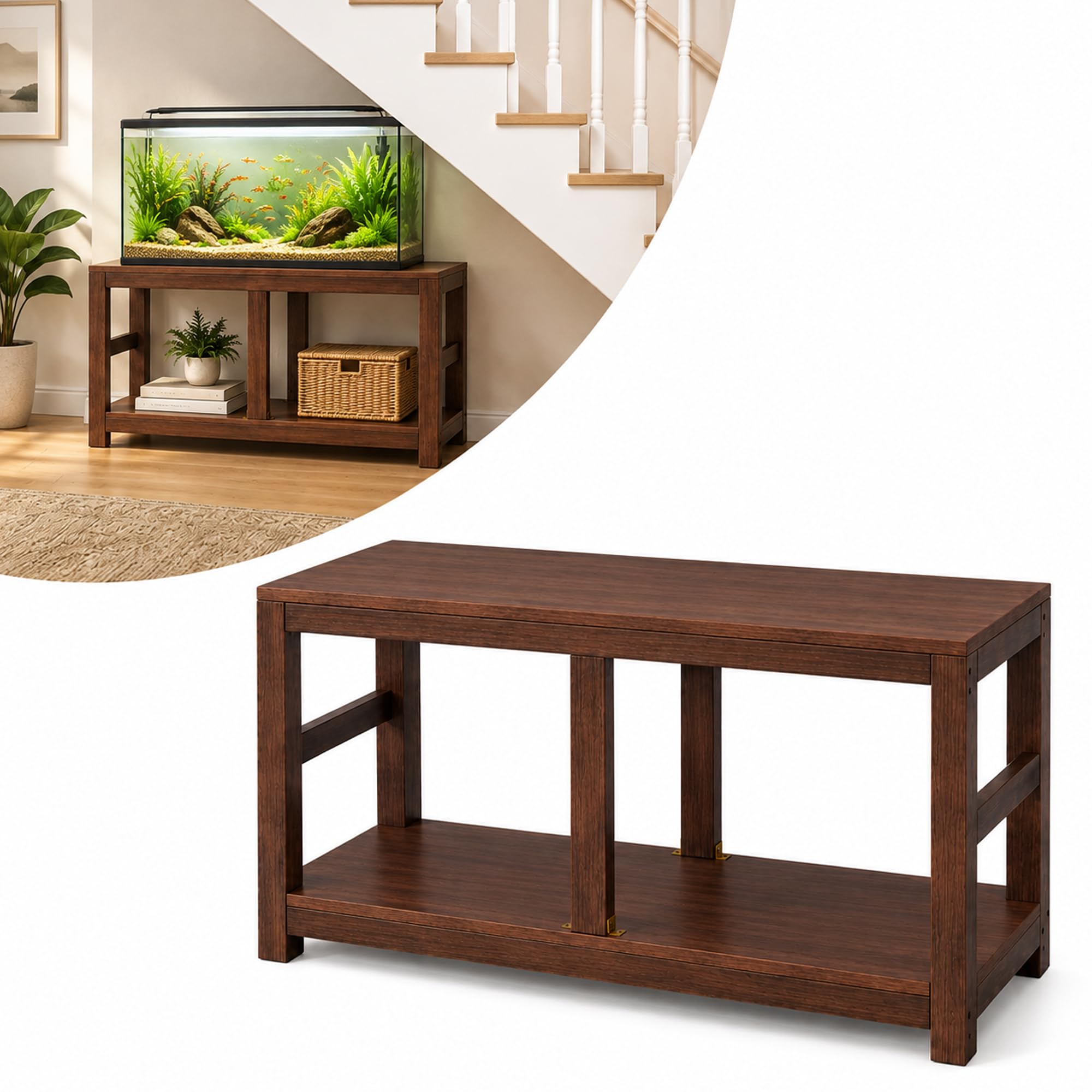 Supporto Acquario 65–130 Galloni con Ripiano, Portata 600 kg, Terrario | Telaio in Pino e Piano Composito per Acquari, Terrari, Rettili, Piante e Portaoggetti(Walnut,100×45 cm / 39.37×17.72 in)