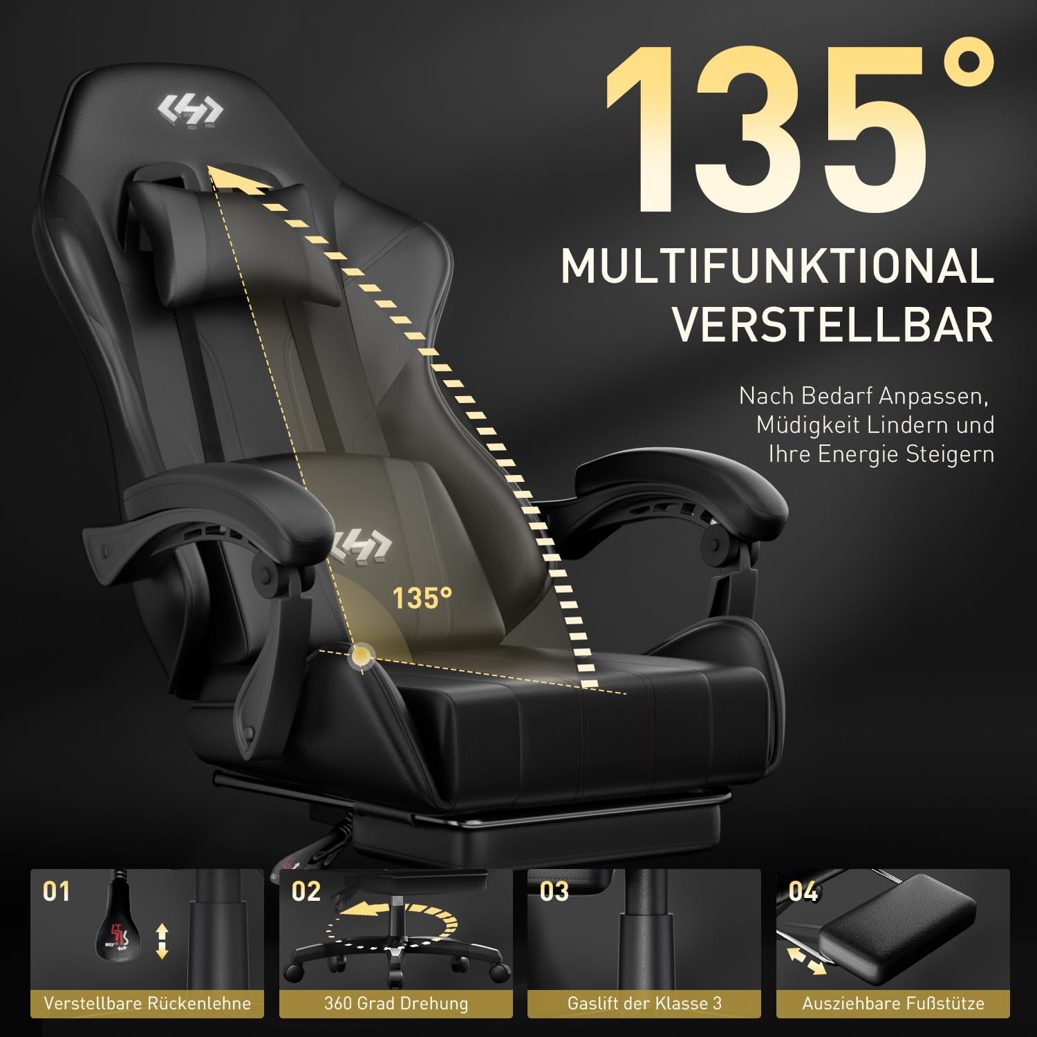 HLONONE Gaming Stuhl, Ergonomisch Gamer Stuhl mit Kopfstütze & Lendenkissen, Verstellbarer Gaming Chair mit Fußstütze & Linkage-Armlehnen, Gepolstert PC Stuhl Computerstuhl, Schwarz