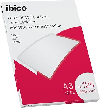 Ibico A3 Laminating Pouches, 250 Micron 2x125, High Document Protection & Durability, Pack of 100, Matt Finish, Clear, 627324