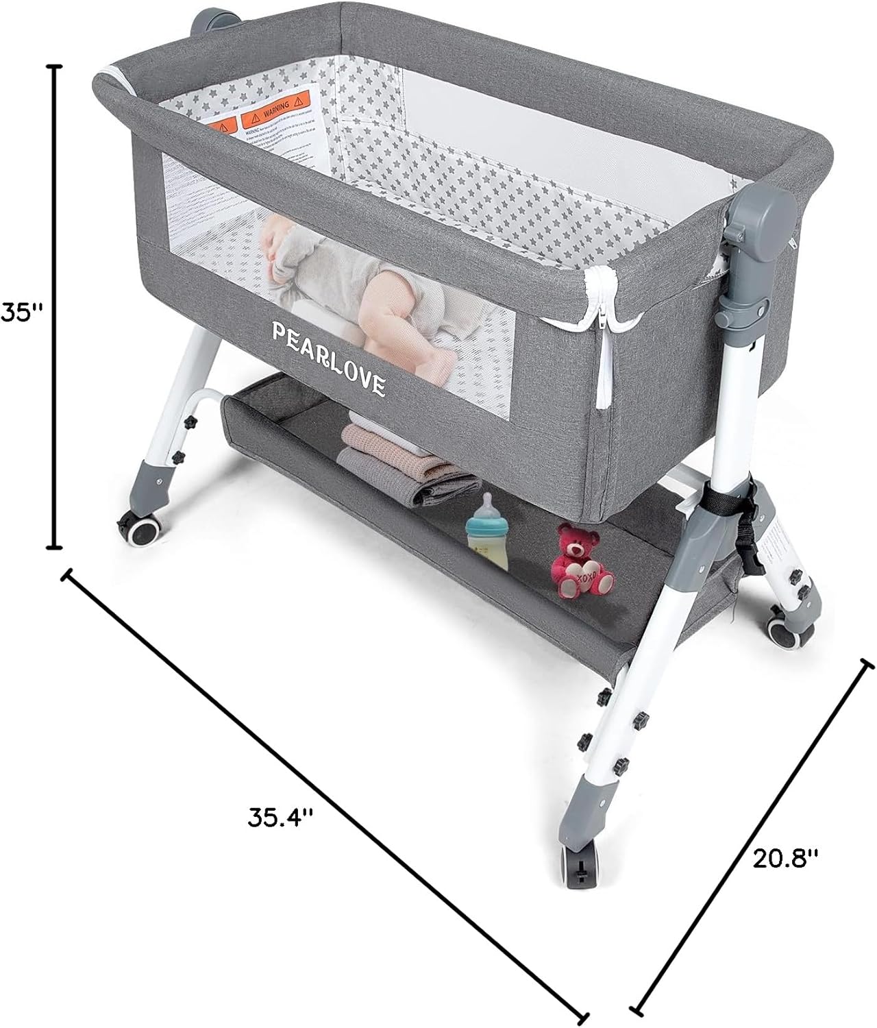Bedside Sleeper for Baby - Folding Crib with Storage Basket, Adjustable Height, Soft Mattress and Wheels - Crib for Newborn Infant