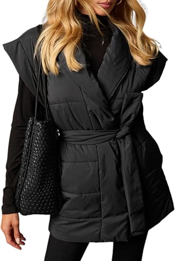 Qiaomai Womens Puffer Vest Casual Open Front Sleeveless Puffy Jacket Outerwear with Belt