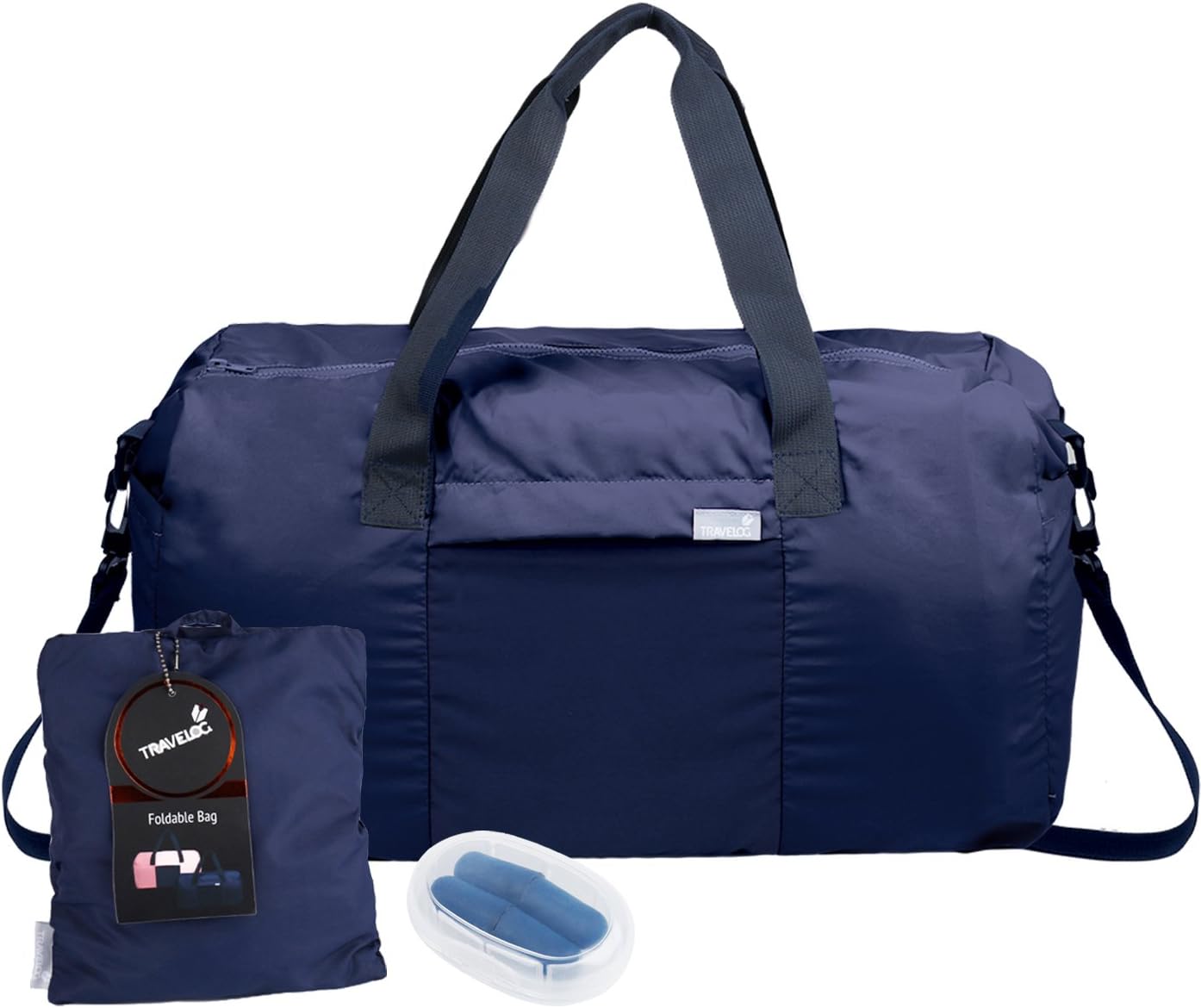 Duffel On-the-go Travel Set (2PC) by TRAVELOG - Foldable Duffel Bag, 2 Pairs Foam Earplugs (Blue)
