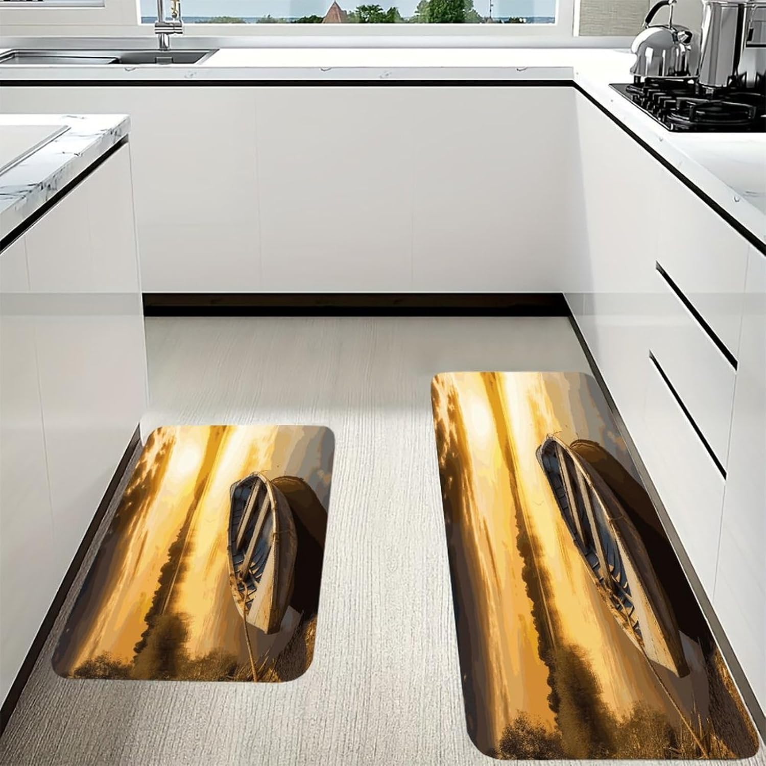 River Sunset Wooden Boat Kitchen Mats for Floor 2PCS Waterproof Non-Slip Kitchen Rugs Cushioned Anti-Fatigue Mat Heavy Duty Floor Mats Comfort Standing Mat for Kitchen Home Office Laundry image 3
