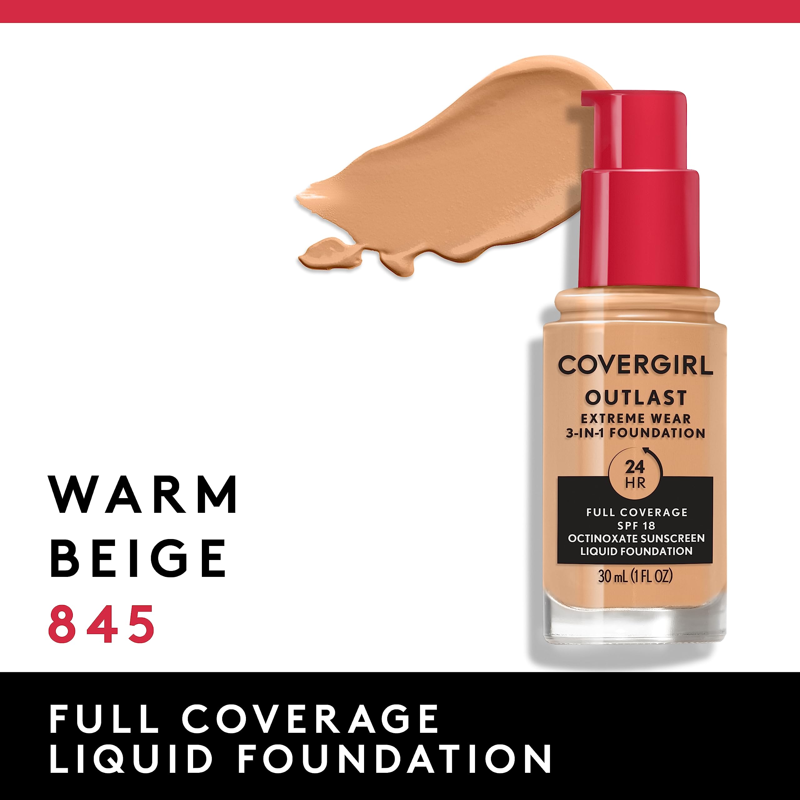 Outlast Extreme Wear 24Hr 3-in-1 Foundation SPF 18-845 Warm Beige by CoverGirl for Women - 1 oz Foundation - Image 3