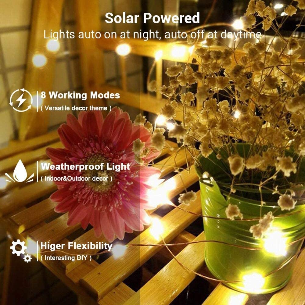 PhilzOps [2 Pezzi] Luci Solari Esterno, 12M 120 LED Catena Luminosa Solare 8 Modalità Impermeabile Decorative Stringa Luci Led Per Interni Giardino Natale Patio Matrimonio Festa, Bianco Caldo