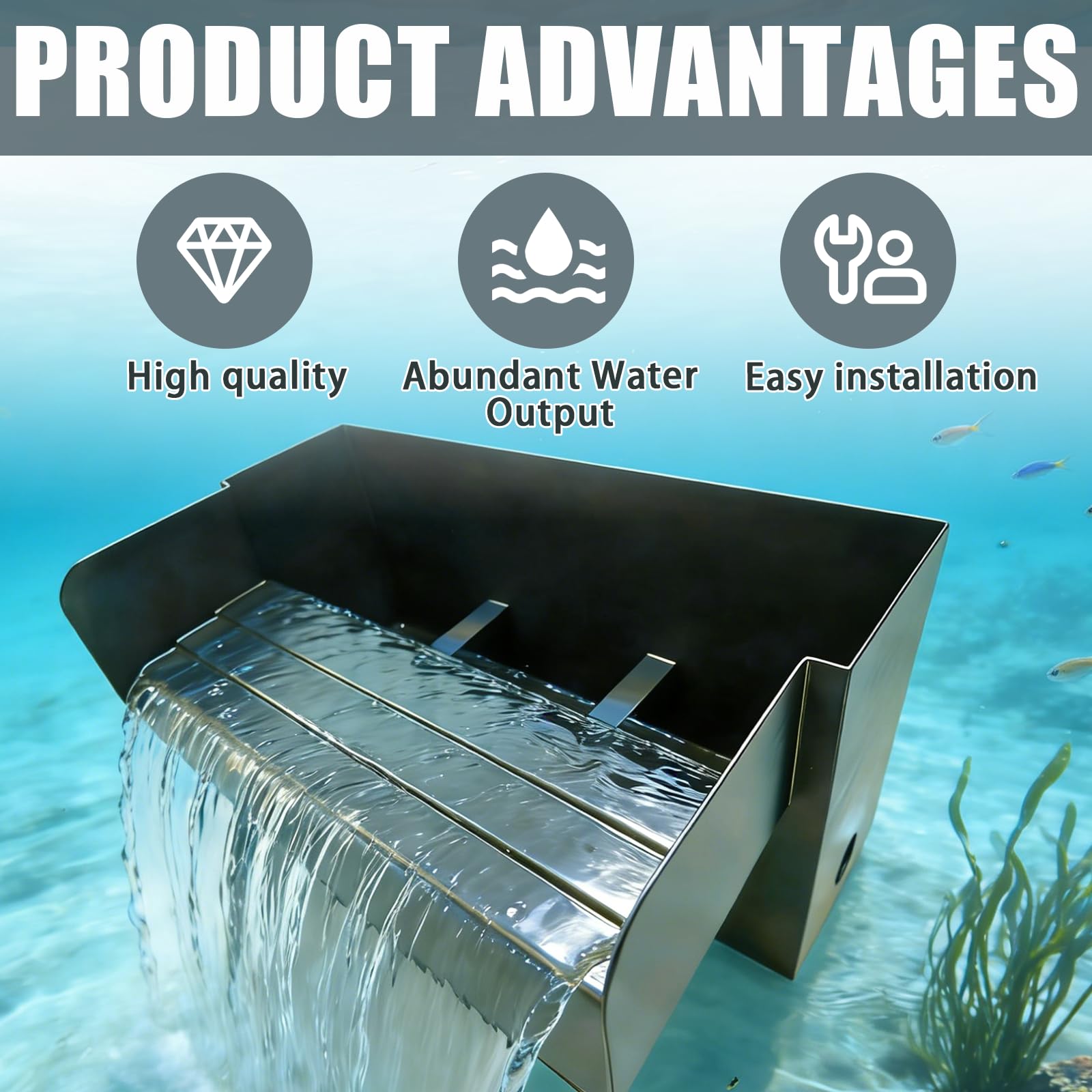 Teich Wasserfall für Gartenteich, 30CM Edelstahl Teichwasserfall Set Garten Teich Brunnen 304 Edelstahl 45W 3000 L/H mit Wasserfall Deko Garten Teich Wasserspiel Patio Terrasse Außente
