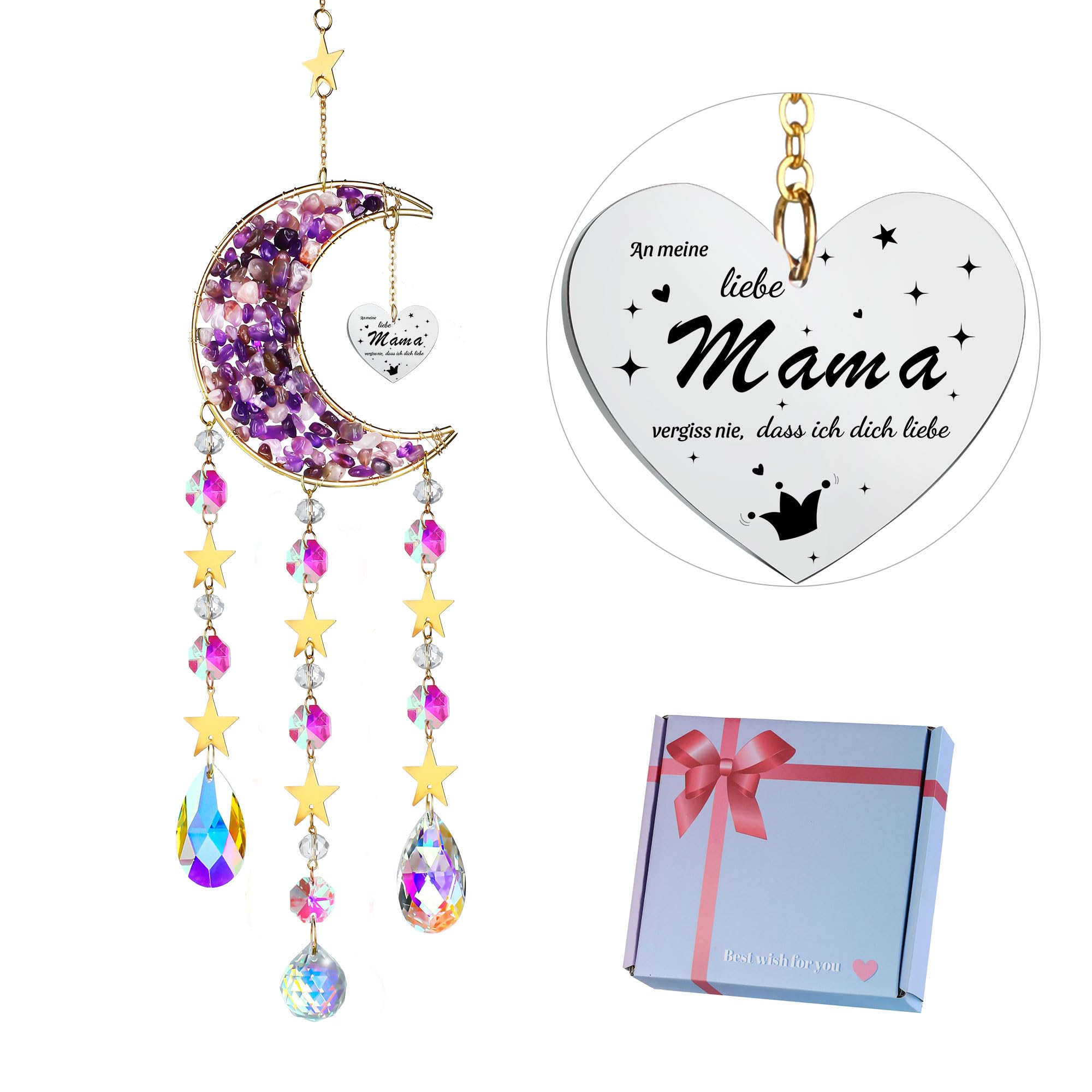 HDCRYSTALGIFTS Kristall Sonnenfänger mit Sternen-Mond Design - Premium Fensterdeko für Garten, Wohnzimmer & Balkon | Geschenk für Mama voller Liebe & Wertschätzung | Hochzeit, Geburtstag & Weihnachten