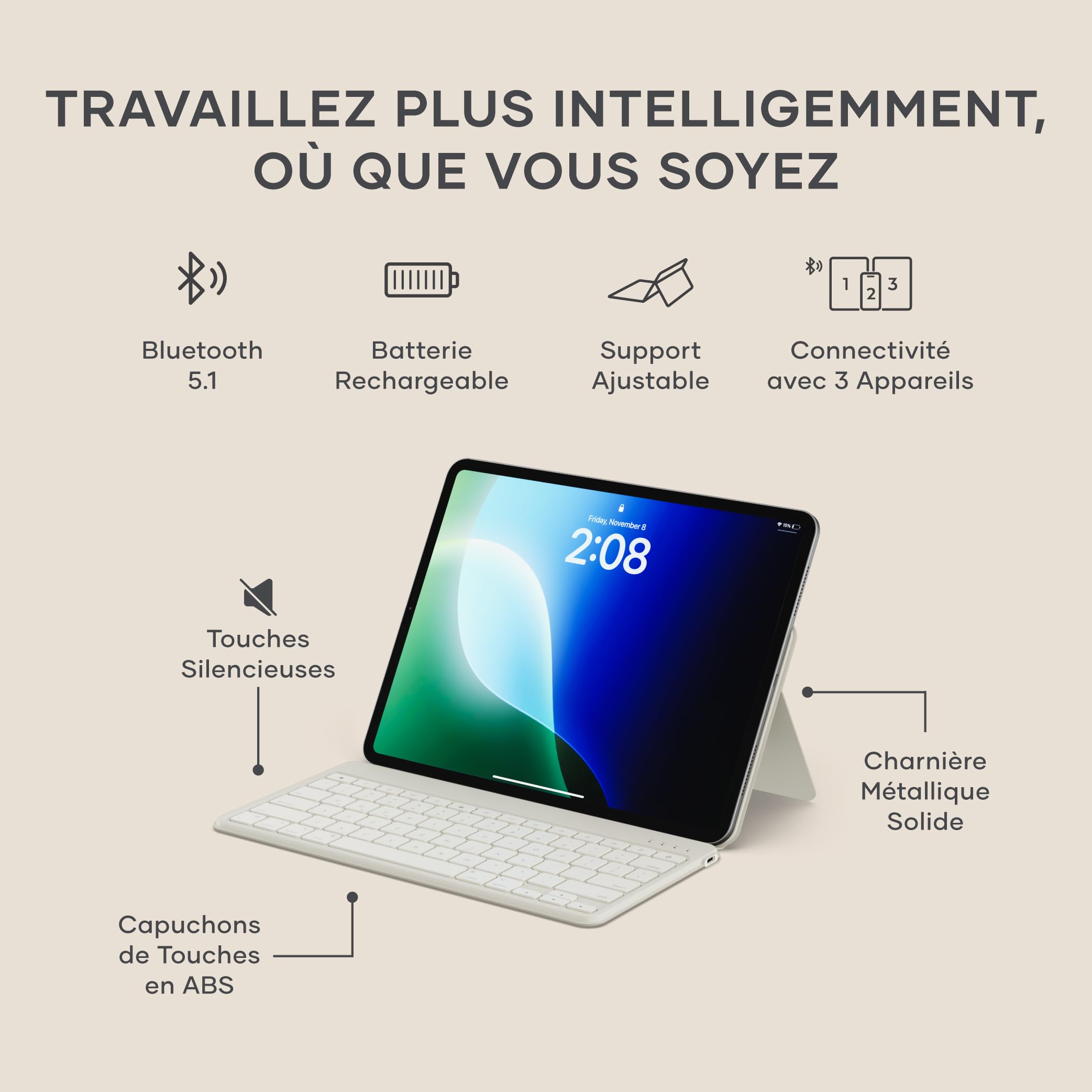 Satechi OntheGo Clavier sans Fil Bluetooth avec Support, QWERTY US, Beige