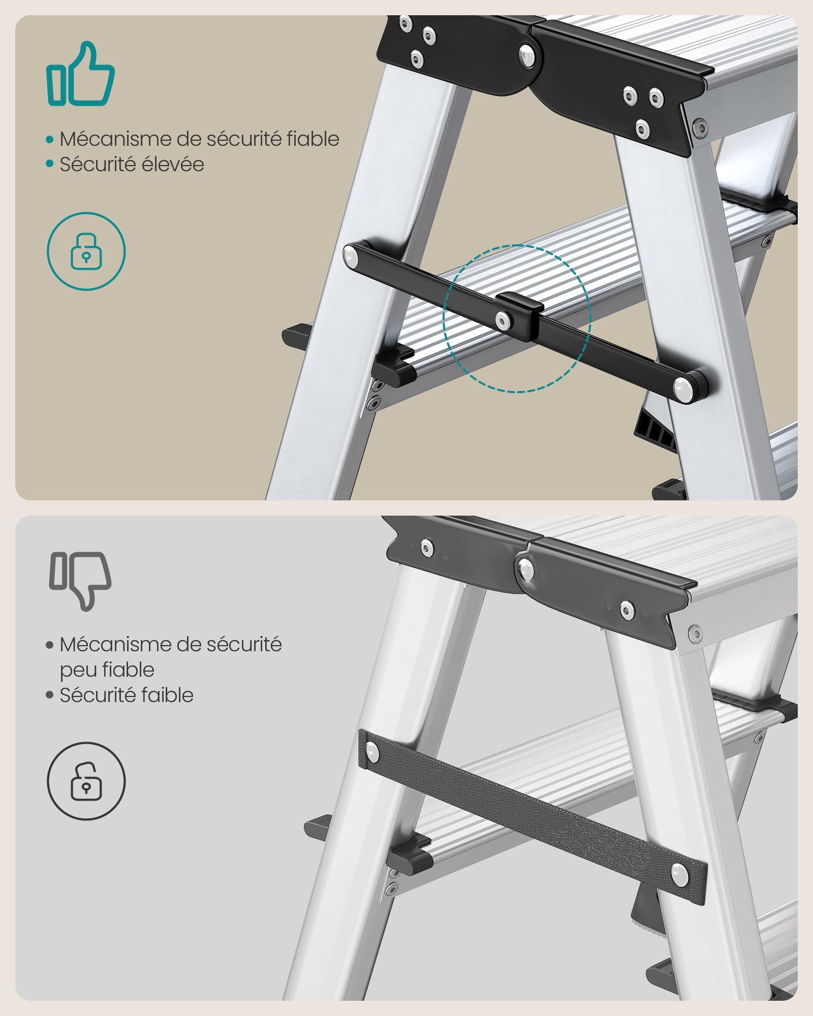 SONGMICS Échelle, Escabeau, Échelle en Alliage d'Aluminium, avec 3 Marches, Marche Pied Multifonctions, Charge : 150 kg, Gris Argent et Noir d'encre GLT23K | Escabeau avec 3 marches antidérapantes, gris argenté et noir encre GLT23K