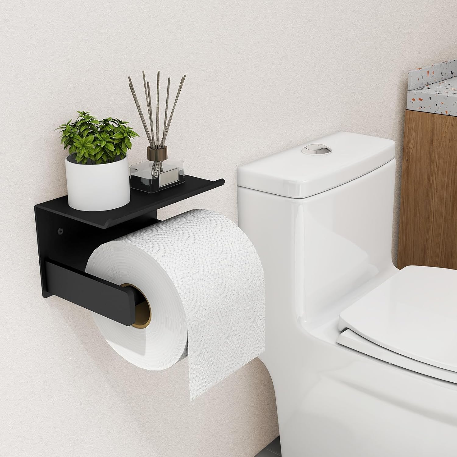 Bethom Toilet Paper Holder with Shelf Wall Mount, Self Adhesive or Screw in, Tissue Holder for Bathroom Washroom RV with Spring Rod, Matte Black
