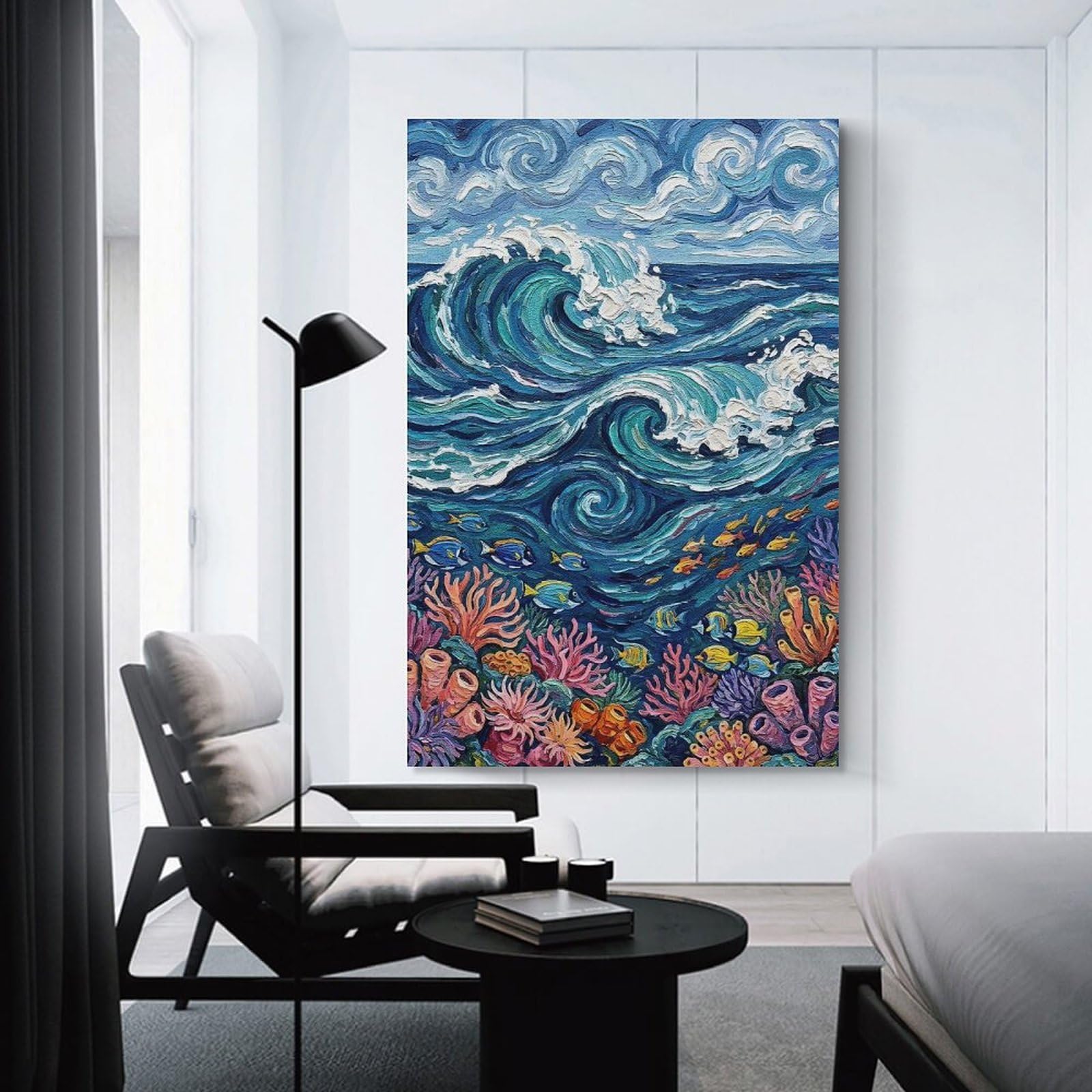 Junmoney Unframe-Style-23 Ocean Wave And Coral Reef Painting Wall Decor Canvas Print, 24X36inch(60X90cm), For Bedroom, Lounge Or Dressing Area, Decorative Wall Art For Cosy Rooms