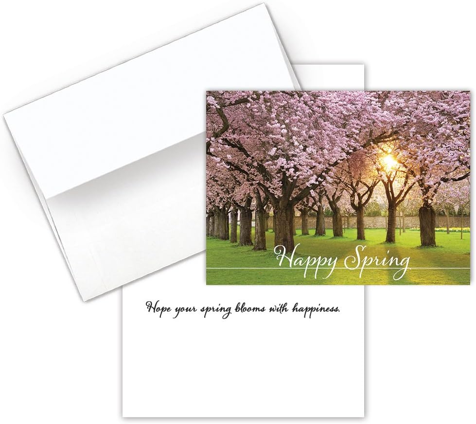 Posty Cards, Bulk 25 Pack Spring Greeting Cards for Businesses, Employees, Clients and Customer Appreciation (Spring Morning Flowering Trees Design) 7.5" x 5.5", Message Inside, 26 White Envelopes Included