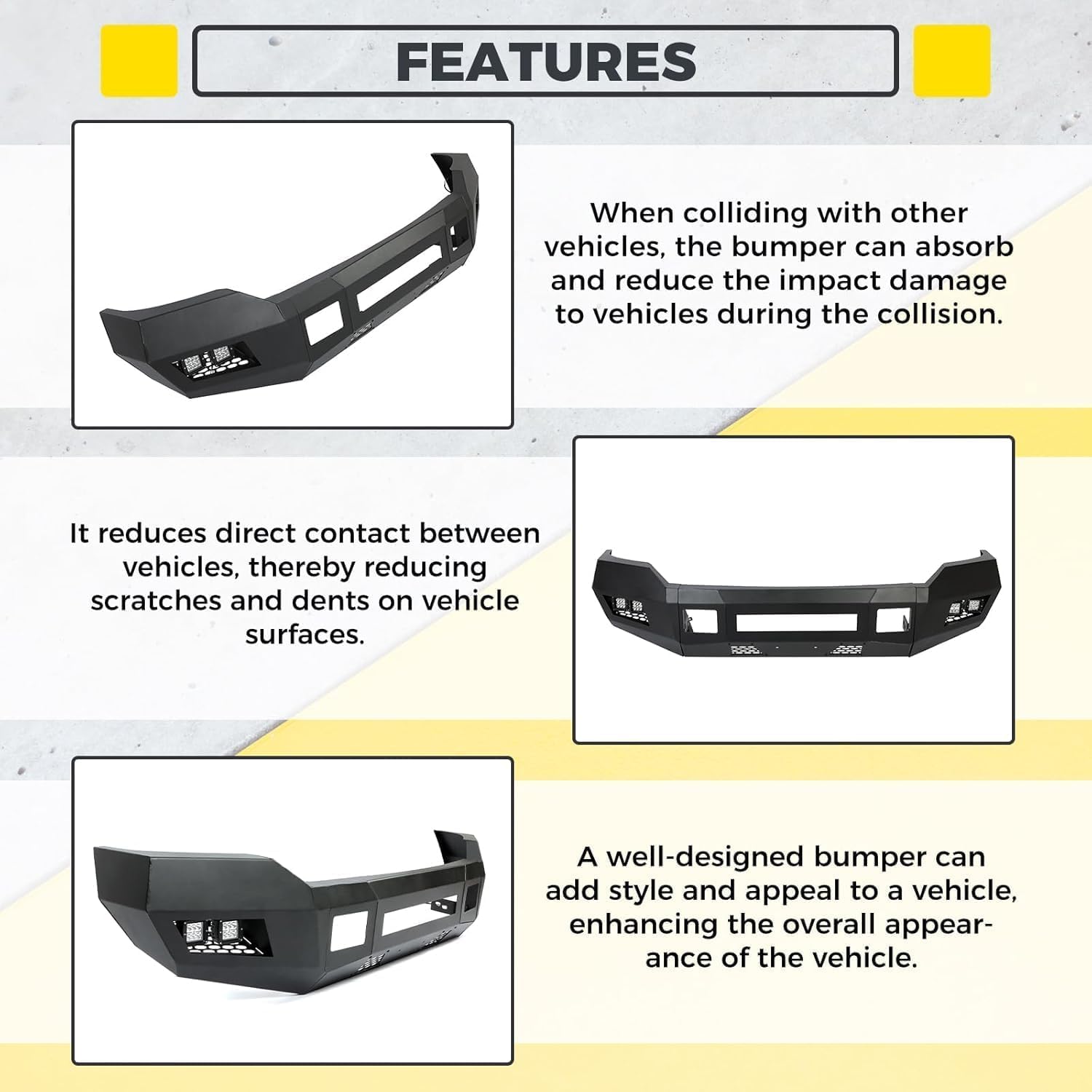 KUAFU Front Bumper Compatible with 2011-2016 Ford F250 F350 Super Duty W/Cube LED Lights Steel Powder Coated Black 3 Pcs (Two Packages)