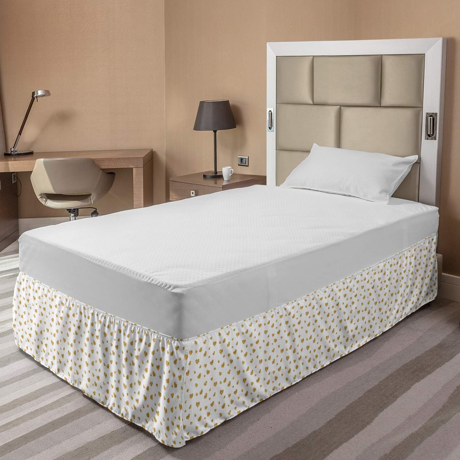 Lunarable Hearts Bed Skirt, Romantic Love Theme with Golden Yellow Hearts Valentines Day Inspired Pattern, Elastic Bedskirt Dust Ruffle Wrap Around for Bedding Decor, Twin/Twin XL, Yellow and White