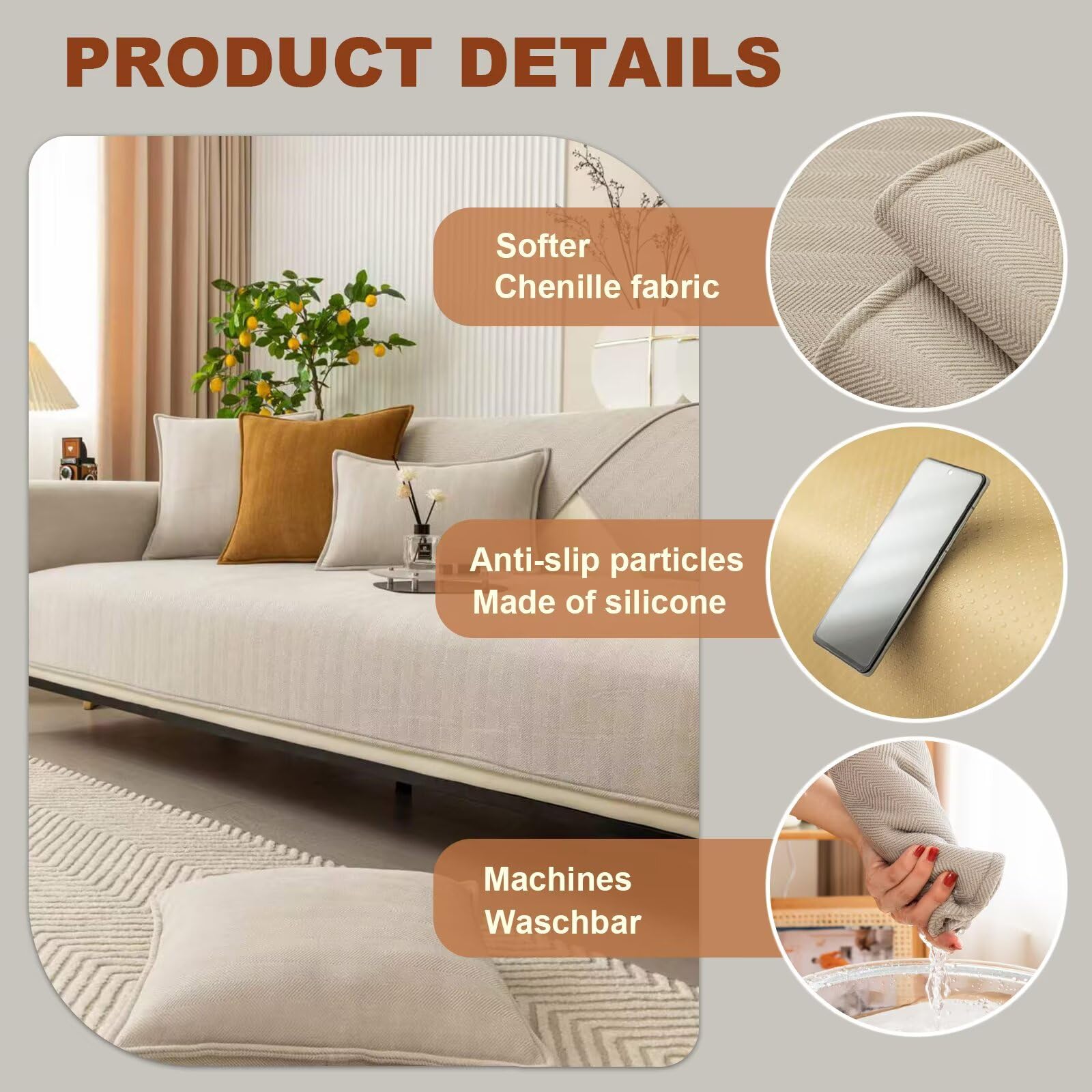 Gluhbirnen Herringbone Chenille Fabric Furniture Protector, Universal Non-Slip L Shape Couch Protector, Funny Sofa Cover, Milk Tea Color, 70 * 70CM — view 3