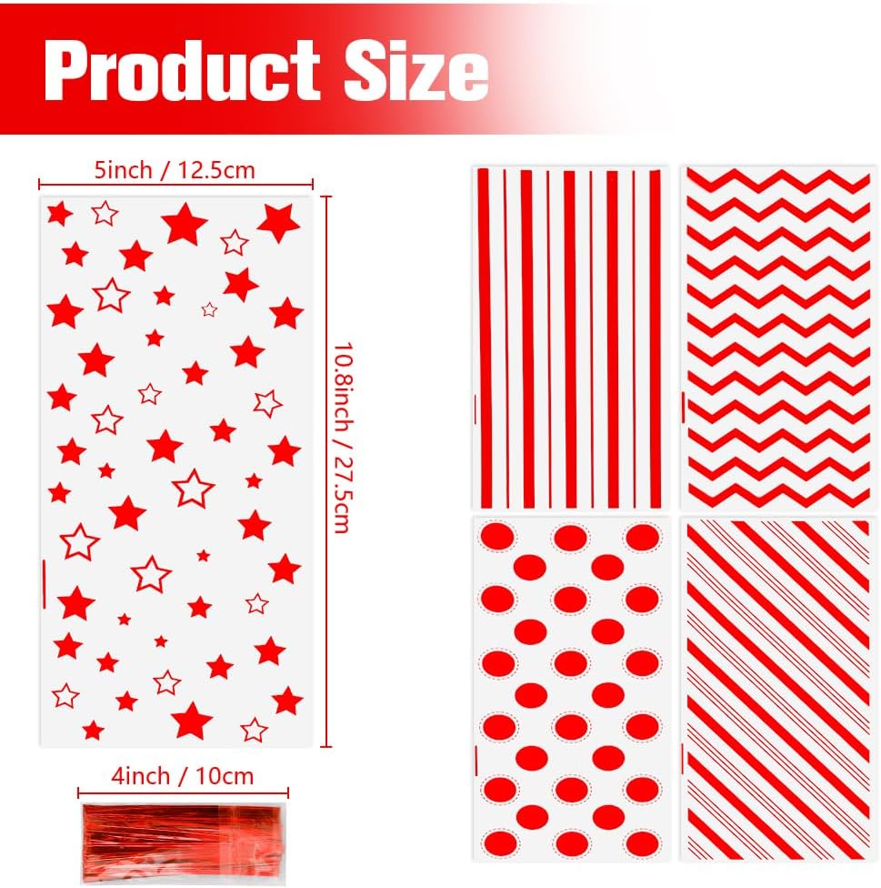 Valentines Cellophane Treat Bags, 100 PCS Red Candy Bags, Plastic Valentines Cookie Goodie Gift Bag Snack Bag with Twist Ties for Valentine's Day Weddings Holidays Birthday Party Favor Supplies - Image 2