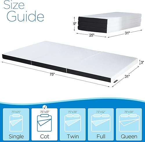 Miniatura 2 de Colchón plegable de espuma viscoelástica de 3 pulgadas, tamaño cama individual, con diseño de triple pliegue, colchón portátil para viajes, funda