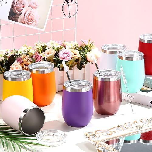 Miniatura 3 de 30 vasos de vino de acero inoxidable de 12 onzas a granel, de doble pared, con aislamiento al vacío, con tapas y pajitas, tazas de viaje, tazas de