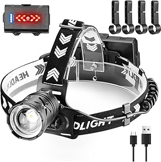 X.Store Head Torch Rechargeable, LED Head Torch, 4 Modes 15000 Lumens Headlamp USB, Waterproof Powerful White Light Headlight, Adjustable Focus Battery Indicator Power Bank Red Light Torch for Fishing