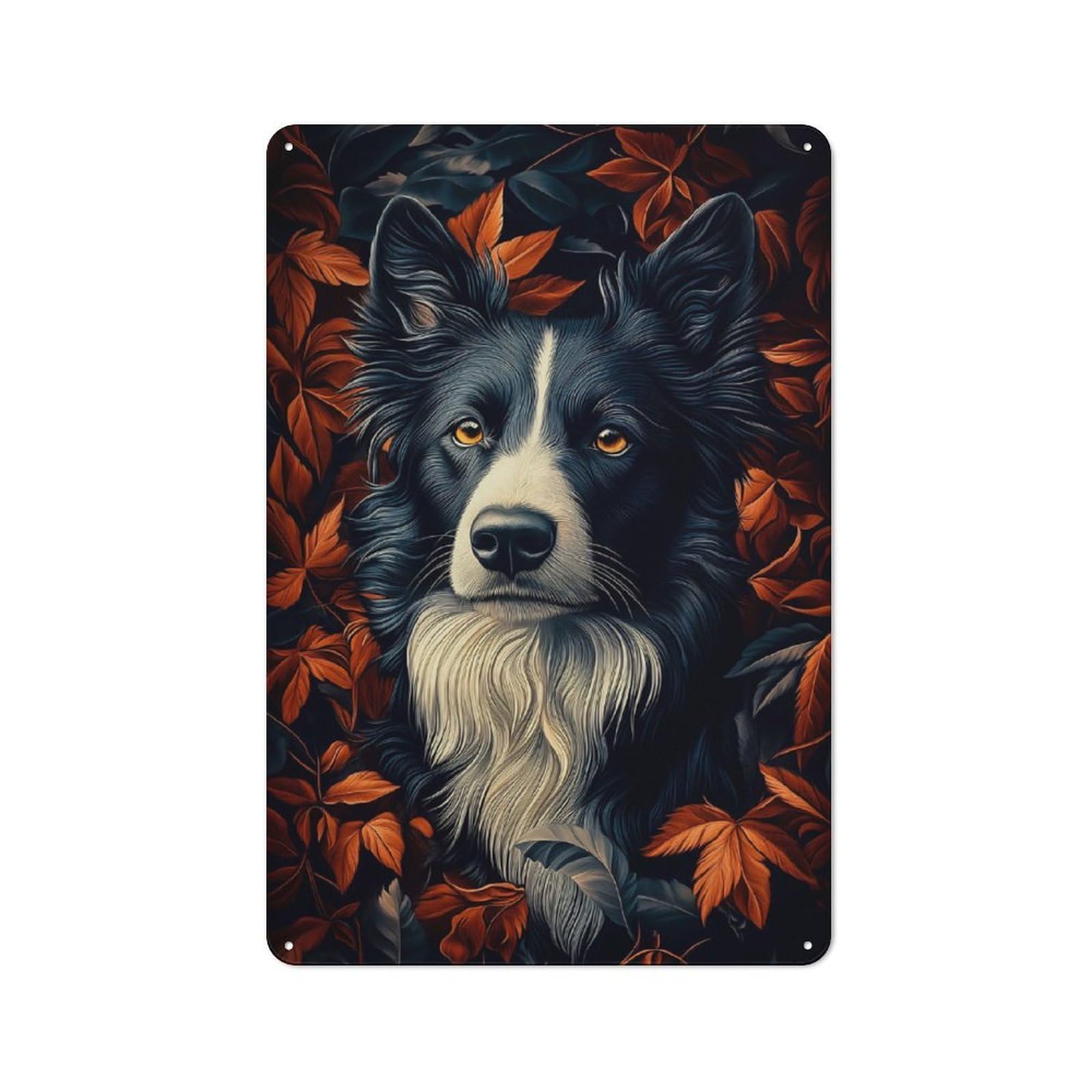 Junmoney Border Collie Portrait With Autumn Leaves Decorative Tin Sign 30X20cm, Old Fashioned Old Style Wall Plaque For Lounge, Study, Pub Or Wall Gallery