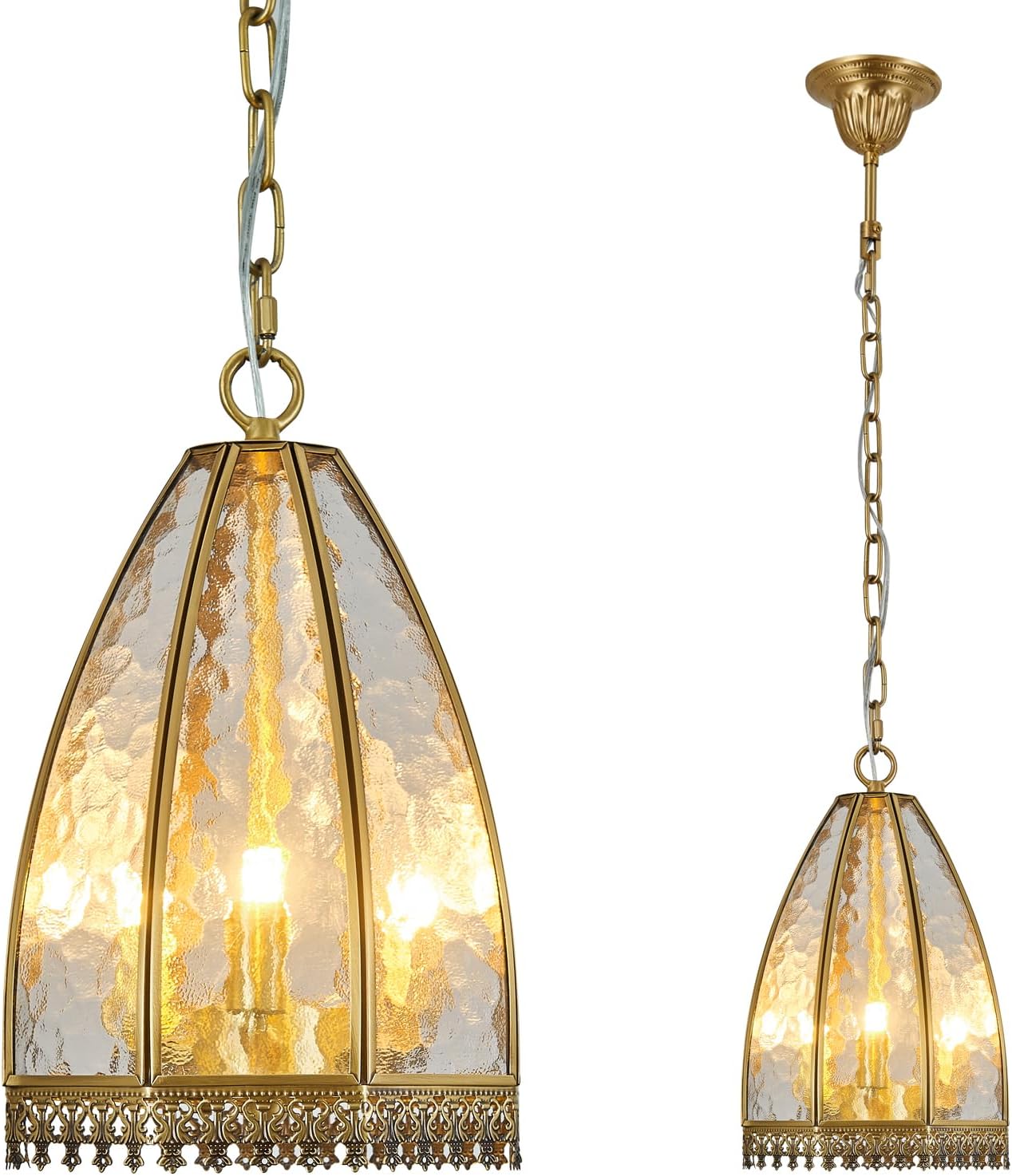 Brass Pendant Light 3-Light with Hammered Glass Traditional Retro Vintage Antique Chandelier Kitchen Island Dining Room Foyer Bedroom (1 Pack)