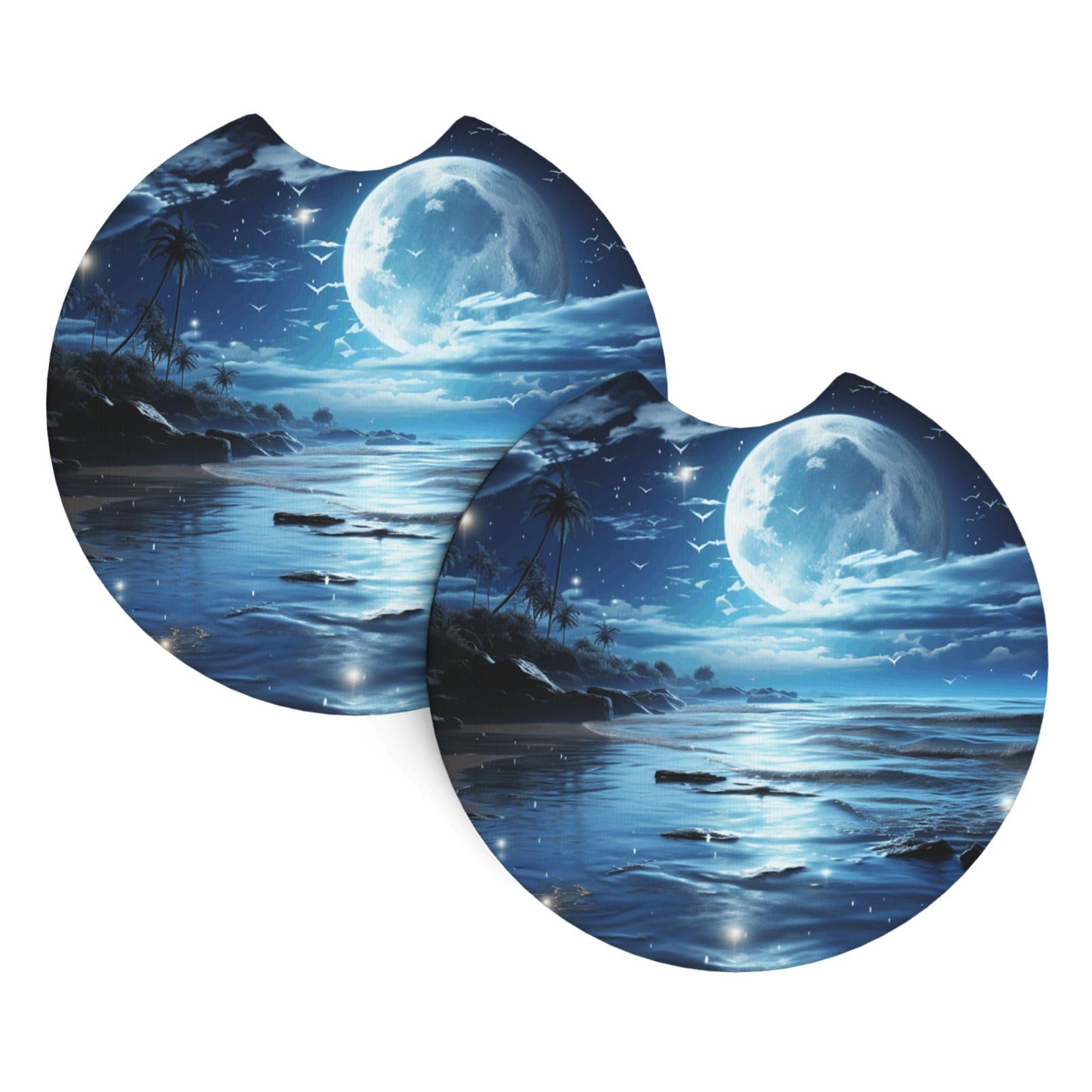 2 Pack Car Coaster for Cup Holders Moon Over Ocean Car Cup Coaster 2.7" Neoprene Non-Slip Automotive Cup Mat Universal Auto Car Interior Accessories for Women Men Cup Pad