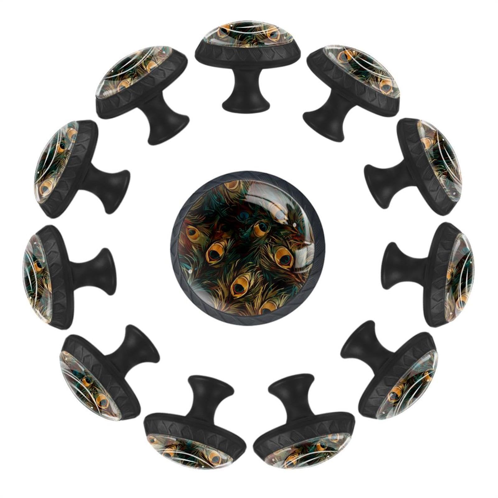Boutons de tiroir en verre transparent plumes de paon pour meuble et placard