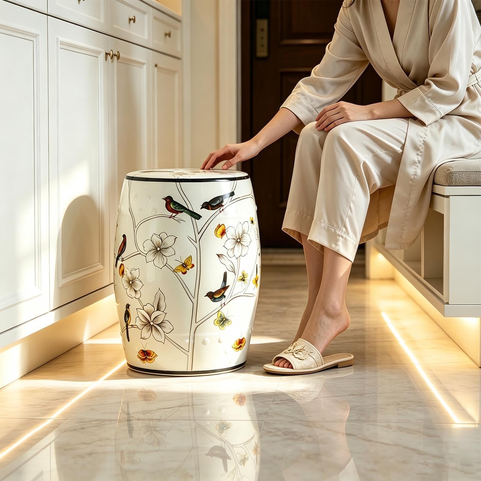 Stołek Ogrodowy Z Bębnem Ceramicznym, Ręcznie Malowany Kwiatowy Ptak, Tradycyjna Chinoiserie Do Użytku Wewnątrz/na Zewnątrz, Odporna Na Zalanie Glazura Do Salonu, Ogrodu, Balkonu(White)