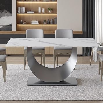 Montary Artificial Marble Dining Table, Modern 63Sintered Stone Dining Table for 4-6 Seat, White Rectangle Dining Room Table with Crescent-Shaped Dark Gray Stainless Steel Base Only Table