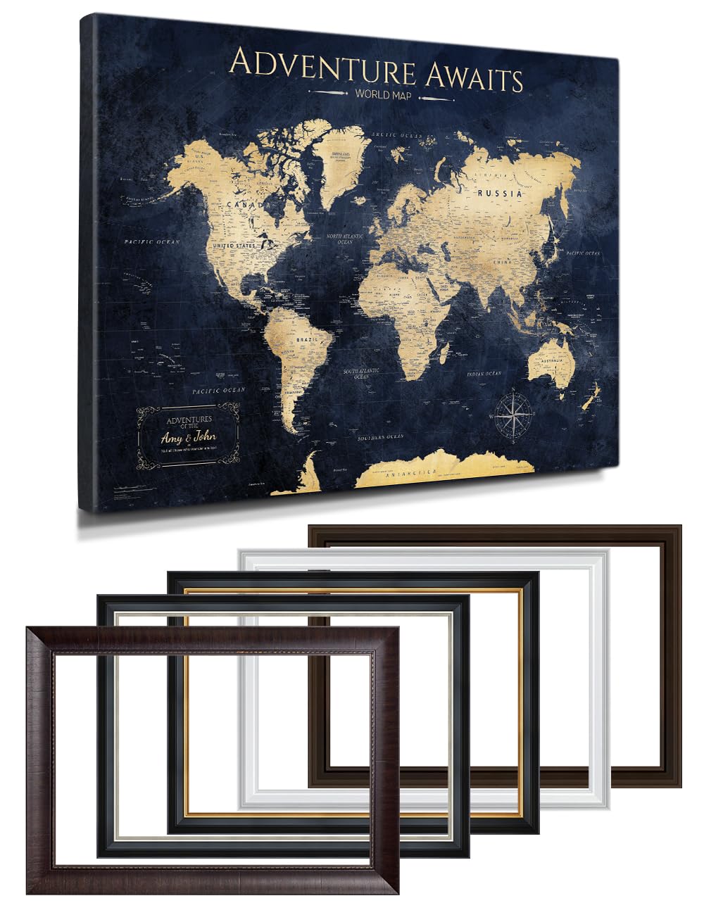 IPIC Personalized Vintage Teal Framed World Map Pin Board, Size 40x30 in