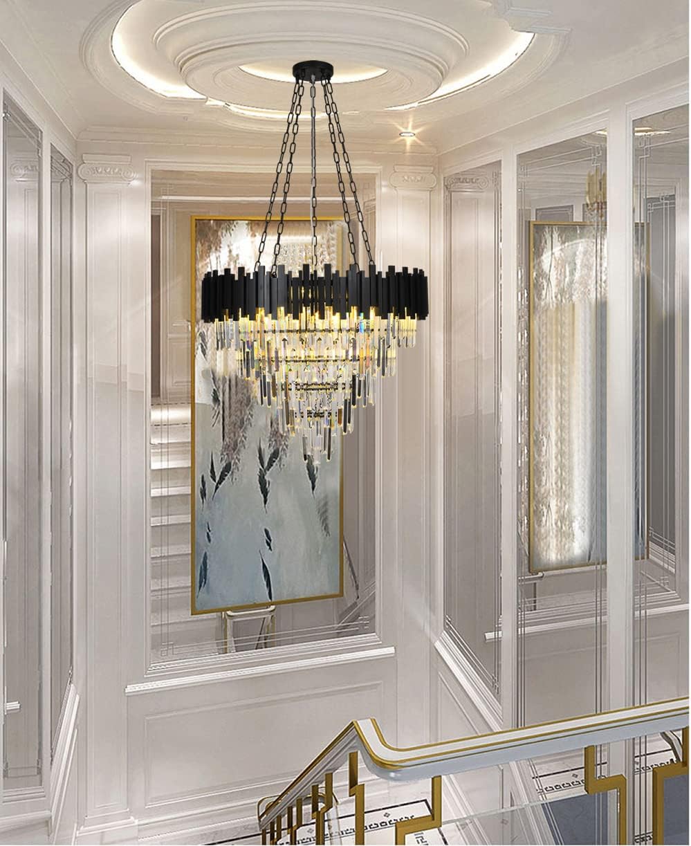 Luxurious Crystal Chandelier Light Fixtures, 5-Tier 18-Light Modern Black Raindrop Crystal Chandeliers Lighting Round Pendant Light for High Ceiling Living Room, Dining Room (D32in-18 Lights)