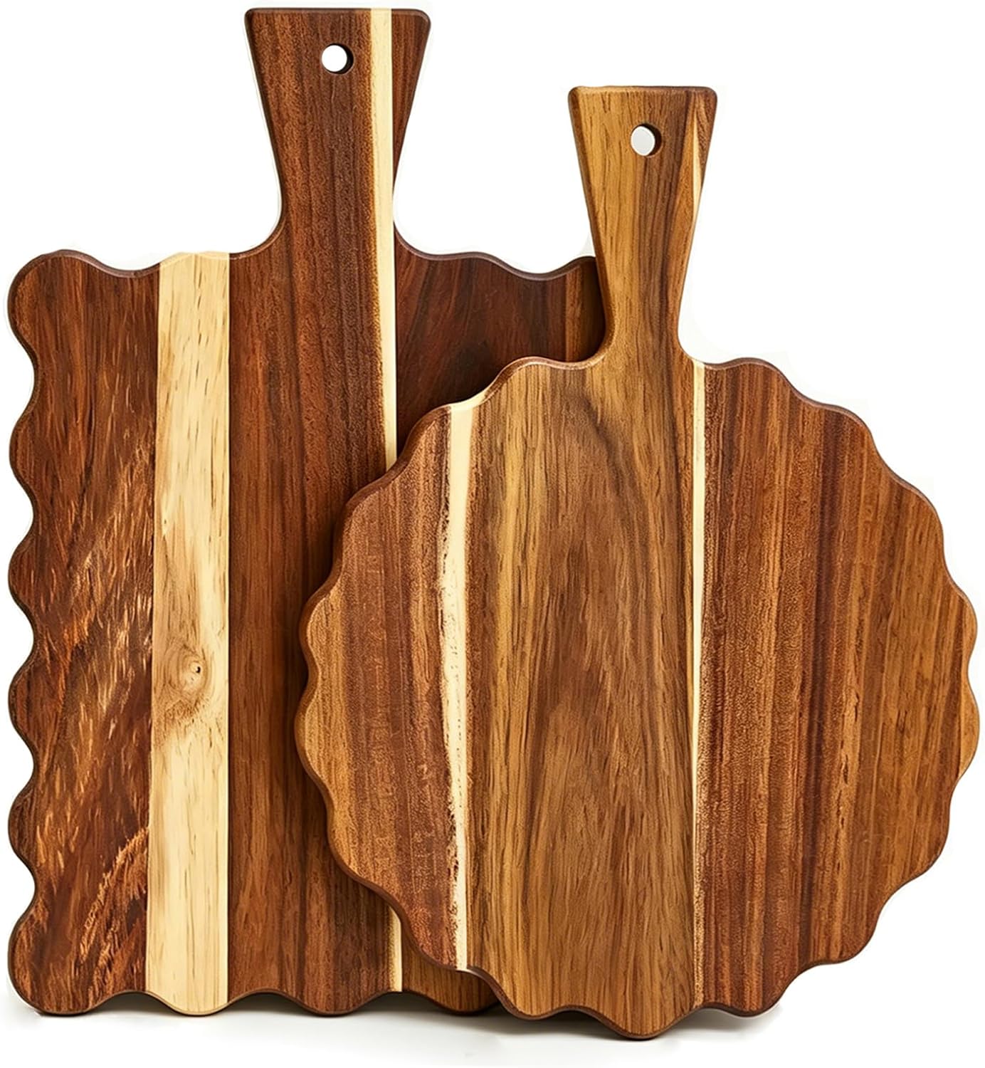 2Pcs Acacia Wood Scalloped Cutting Board with Handle Wooden Chopping Board Decorative Cutting Boards for Kitchen Decor Charcuterie Boards Serving Tray for Cheese Bread Pizza Fruit Meat
