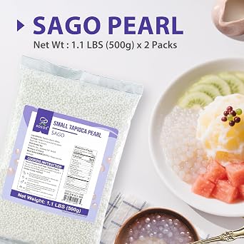 Soeos Sago Tapioca Pearls, 1.1 lbs (500g), Pack of 2, Small Tapioca Pearls for Asian Desserts, Bubble Tea, and Puddings, Quick-Cooking Sago Balls. | Non-GMO, Gluten-Free, Quick-Cooking Sago Balls for Asian Desserts, Bubble Tea, and Puddings