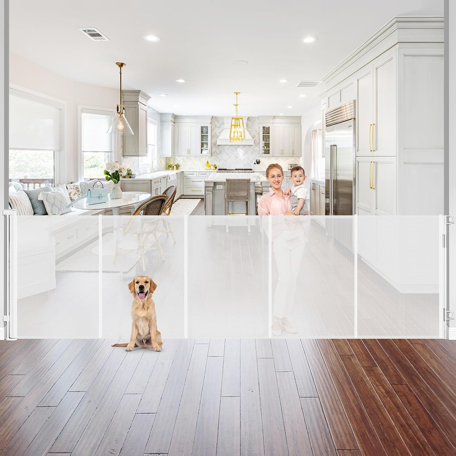 Reinforced 42" Tall Retractable Baby Gates 96" Wide Retractable Dog Gate with Support Rods-Prevent Crawling Under Long Baby Gate Extra Tall Dog Gate